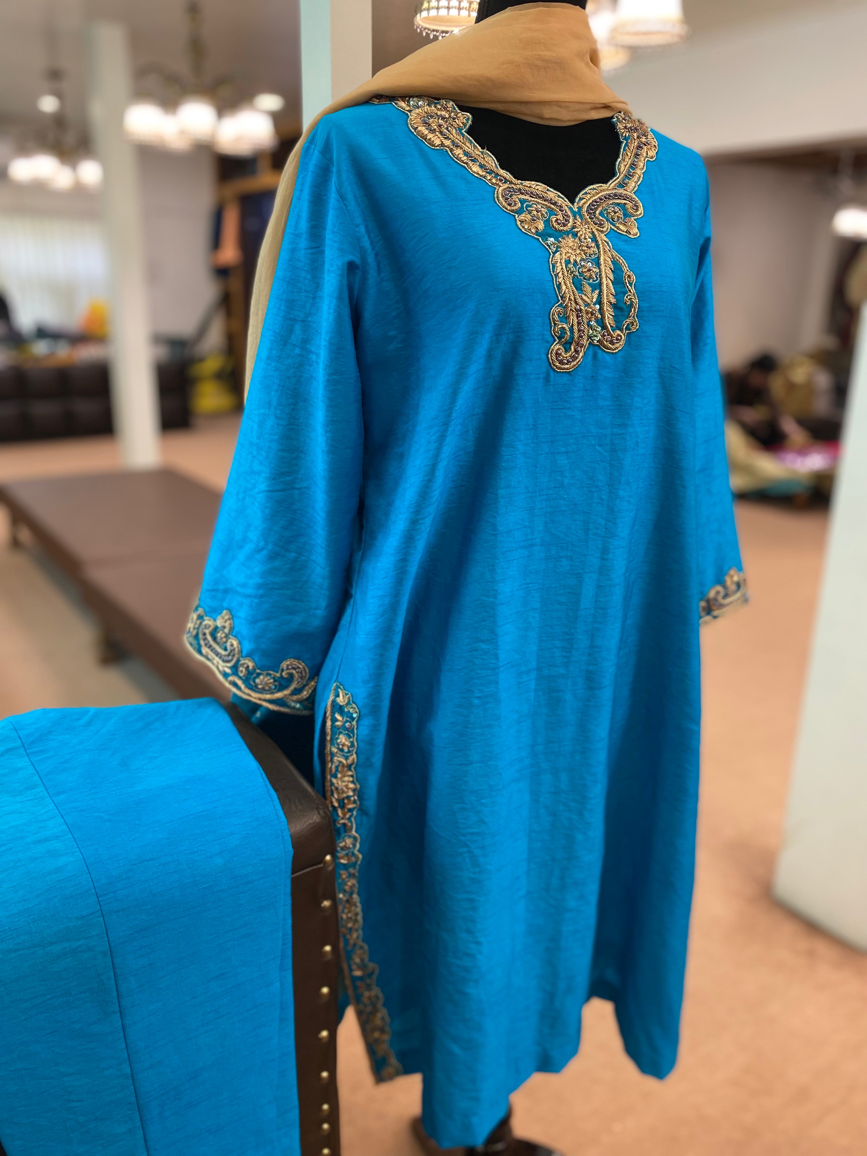 Hand embroidered Teal blue dress 3pc stitched PBKS117