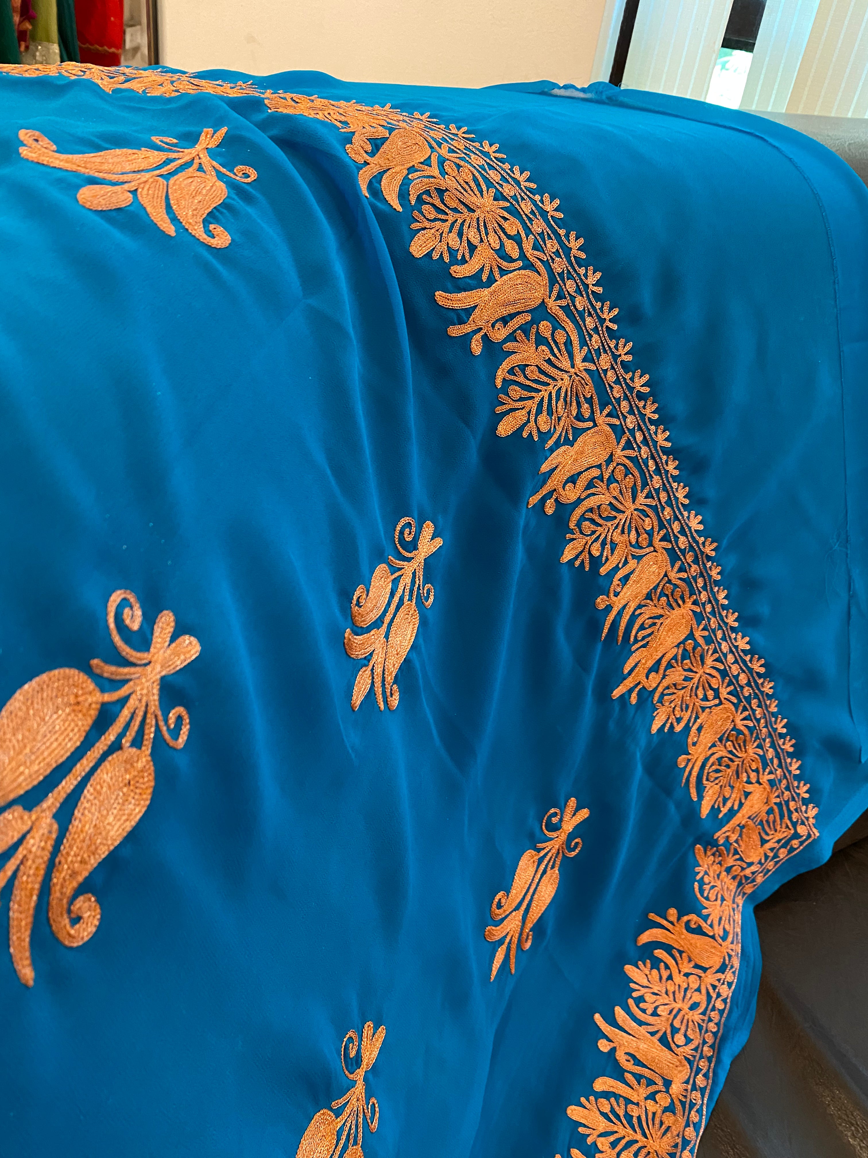 Georgette Teal blue  saree with Kashmiri embroidery SR007