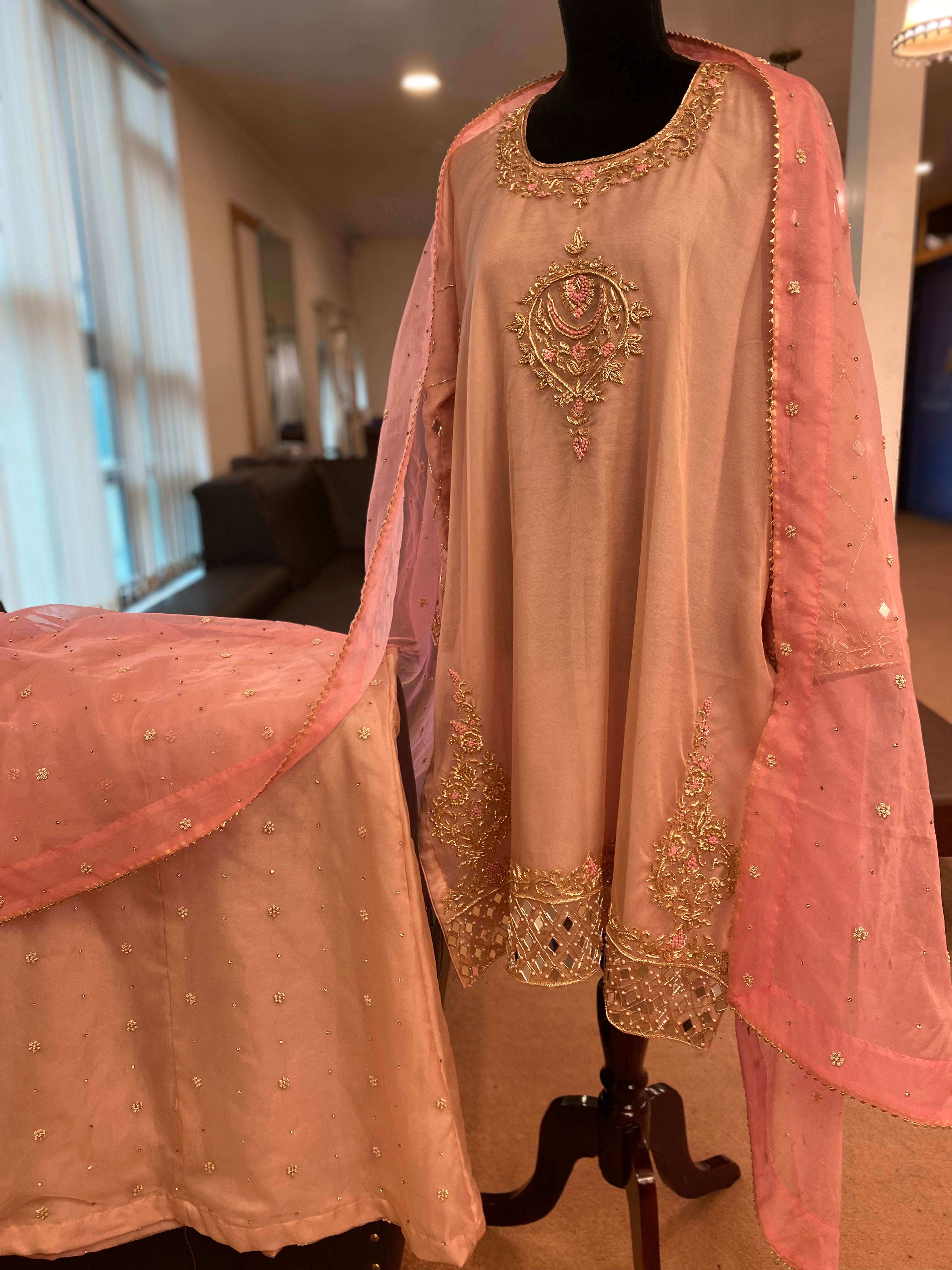 Hand embroidered Organza  sharara dress 3pc stitched