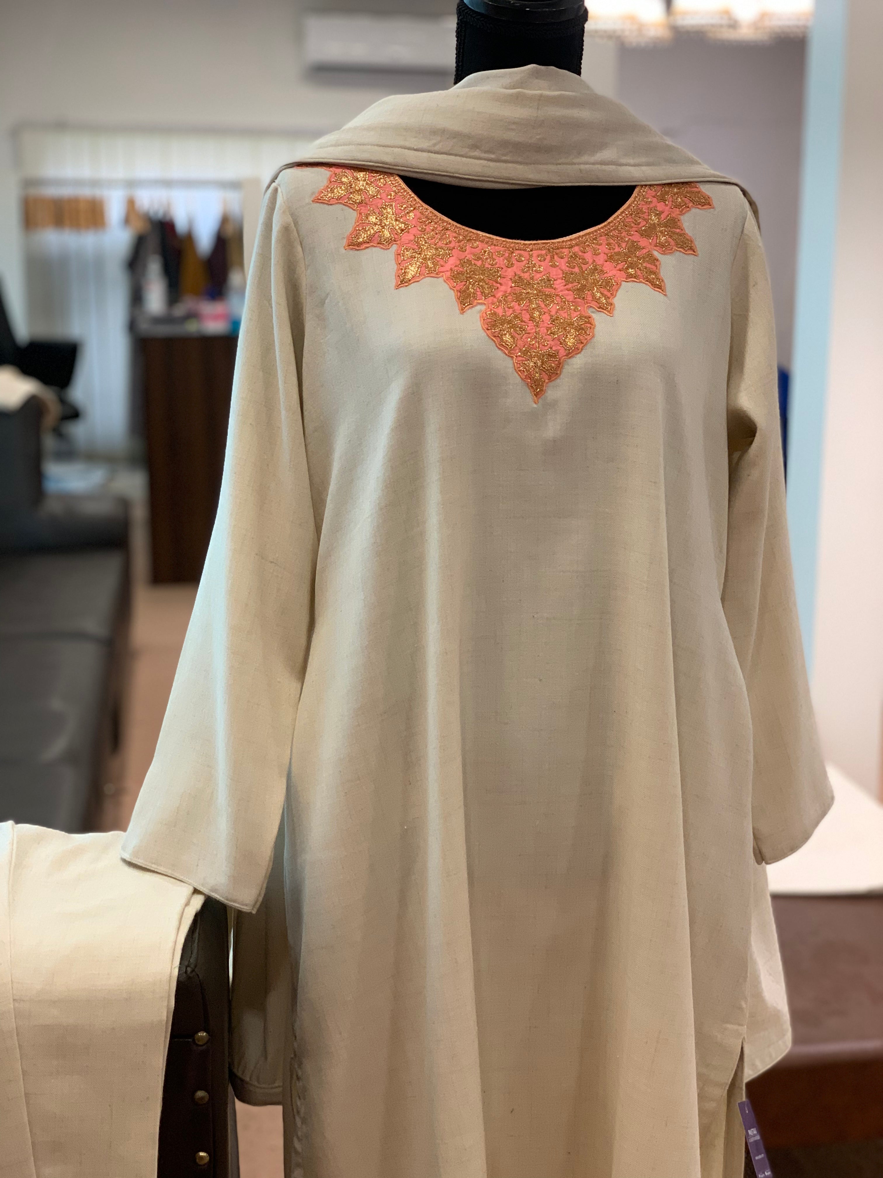 Pure pashmina and pure wool blend Kurta set 3pc set with hand Tilla PWB076