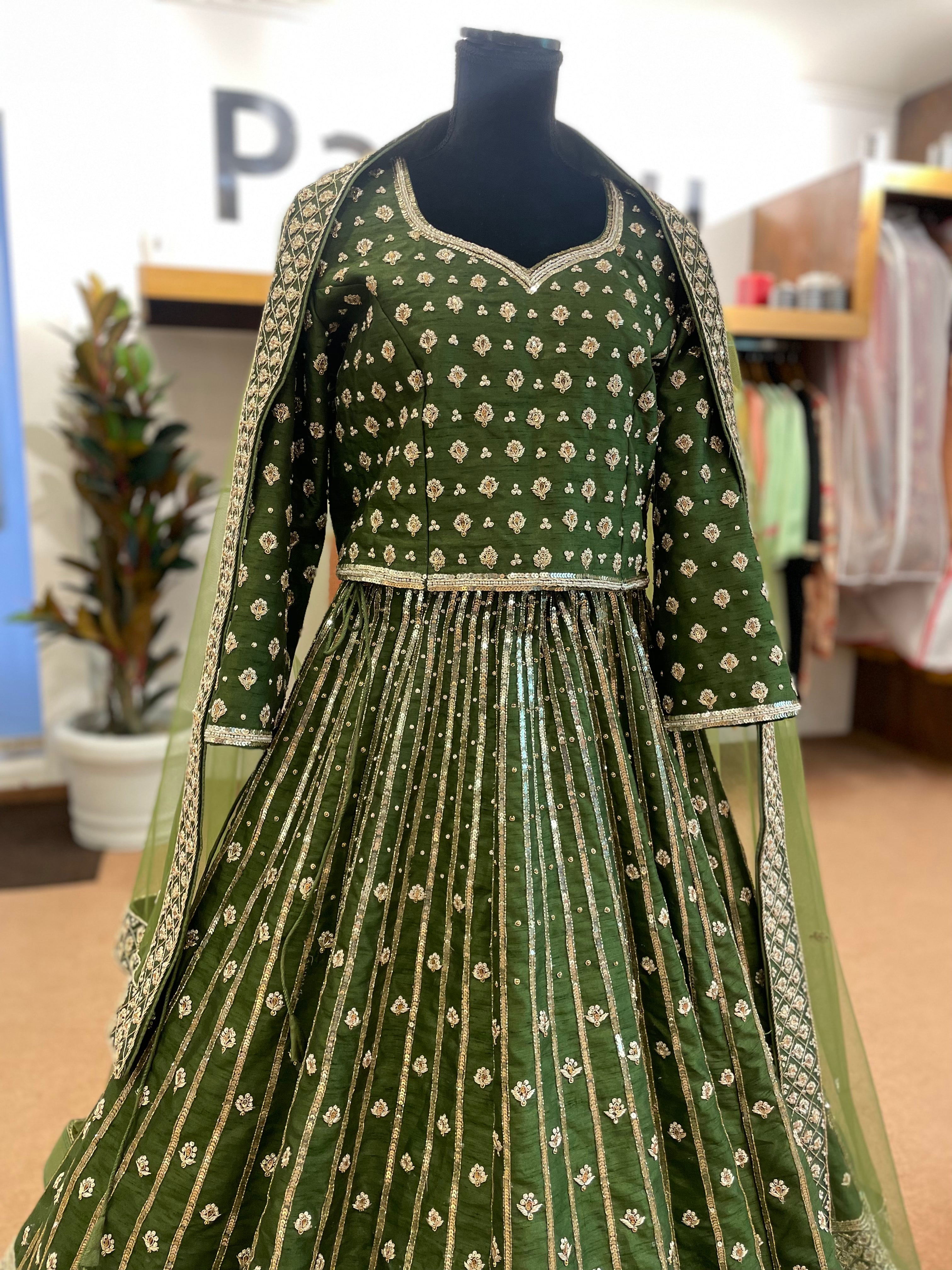 Handembroidered green lehanga