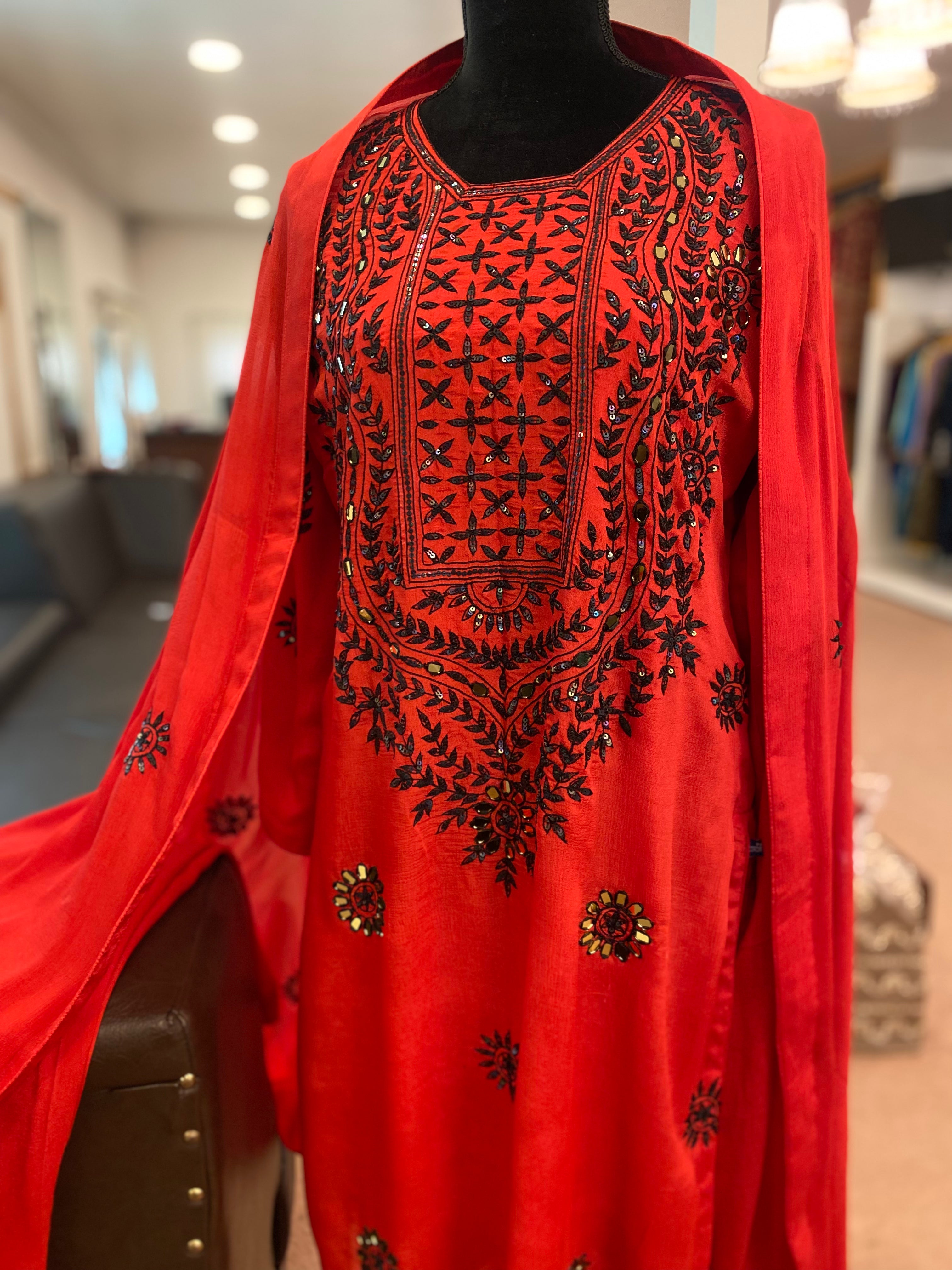 Red Chinon suit with mirror embellishment 3pc stitched