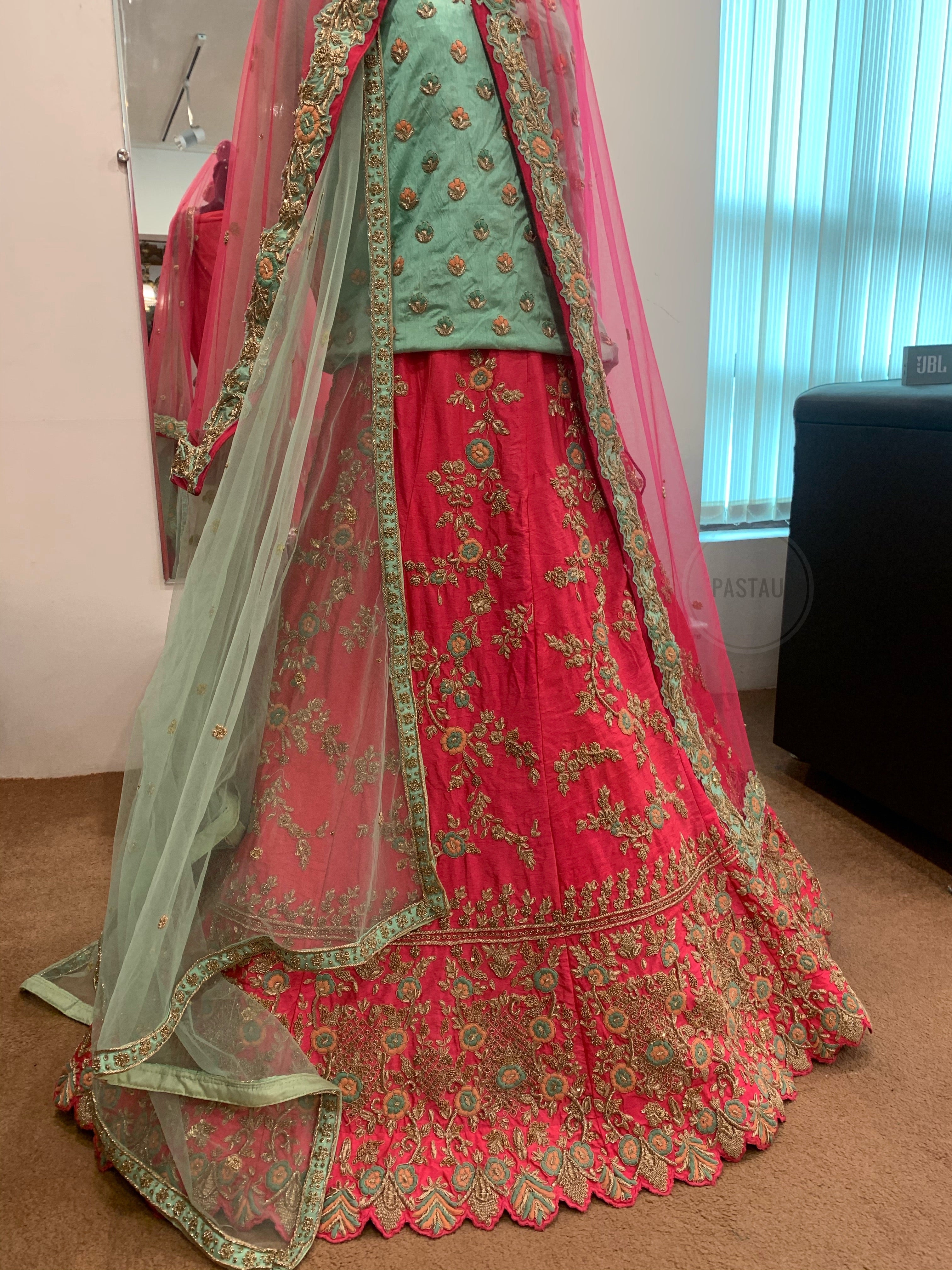 Sea Green & Matte Pink Lehanga - Pastau