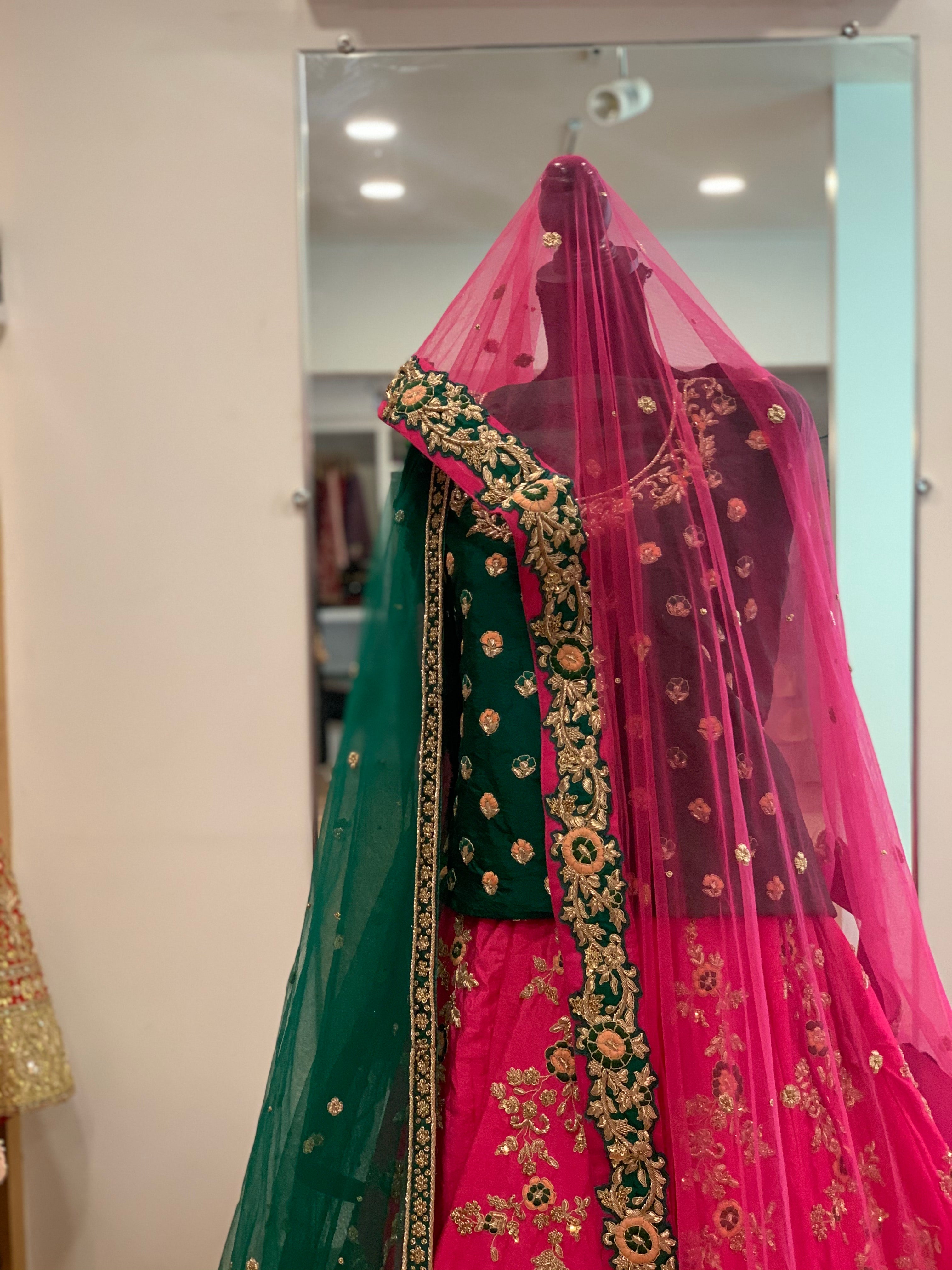 Pink & Emerald Green Lehanga - Pastau