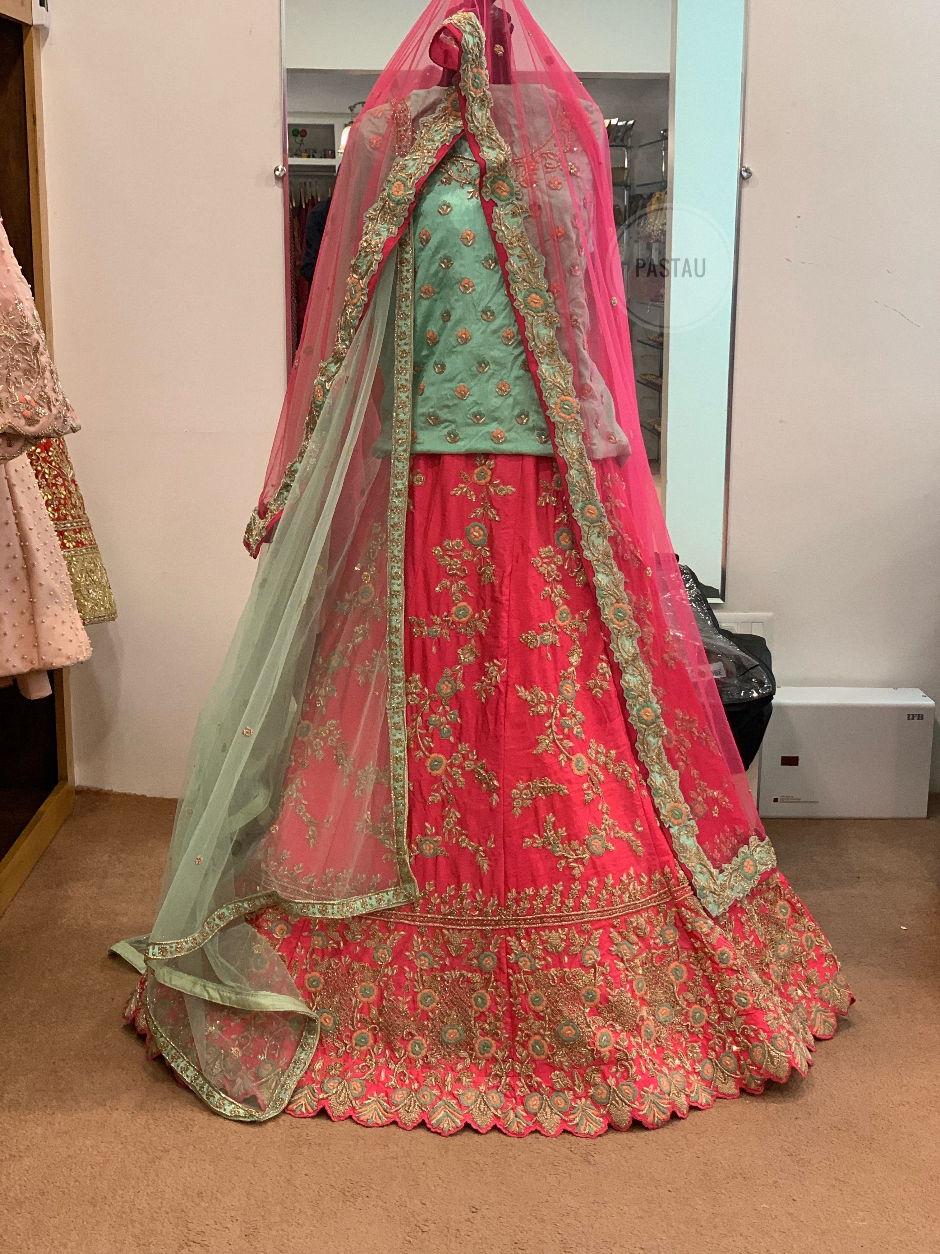 Sea Green & Matte Pink Lehanga - Pastau