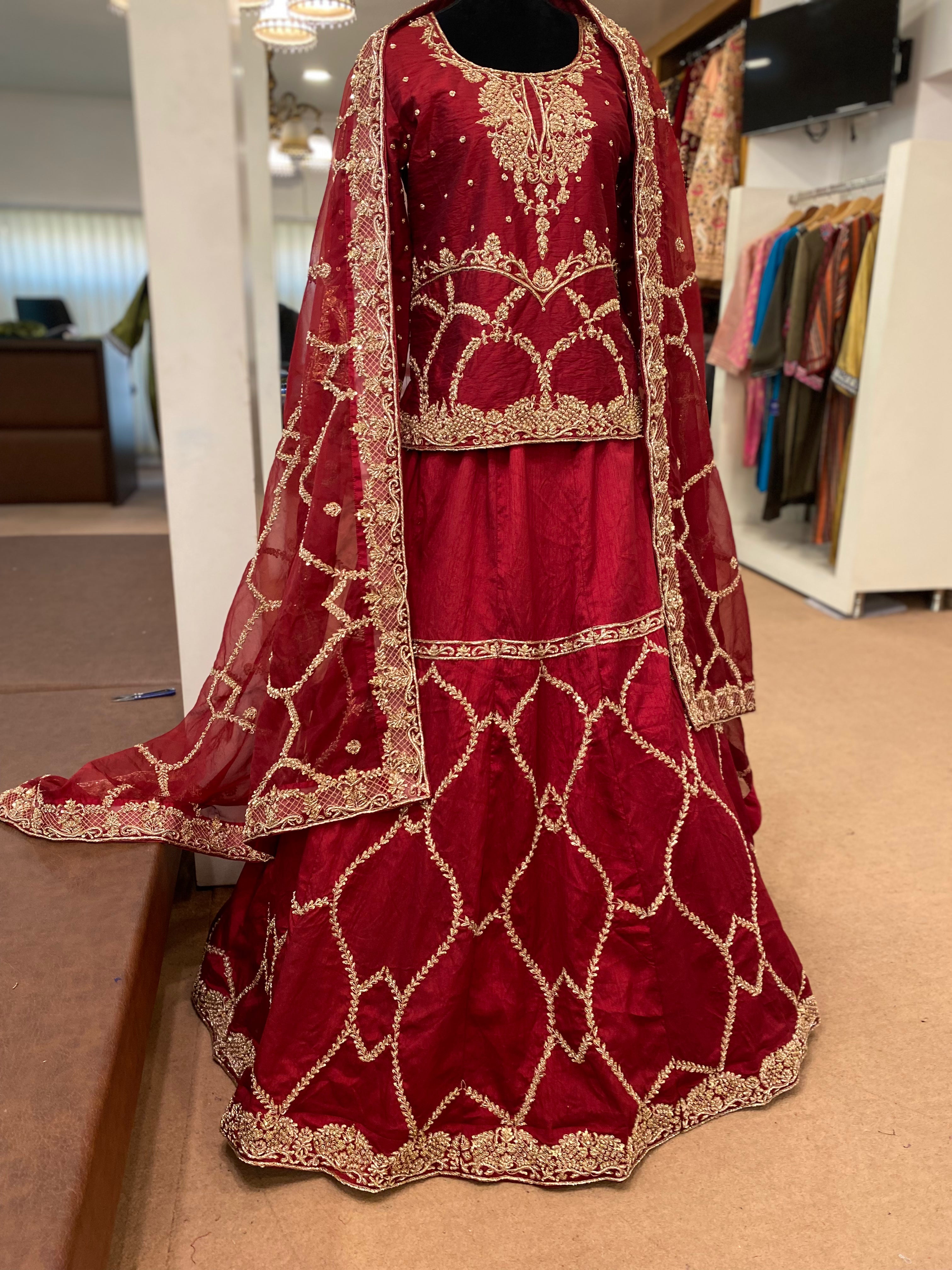 Hand embroidered maroon lehanga
