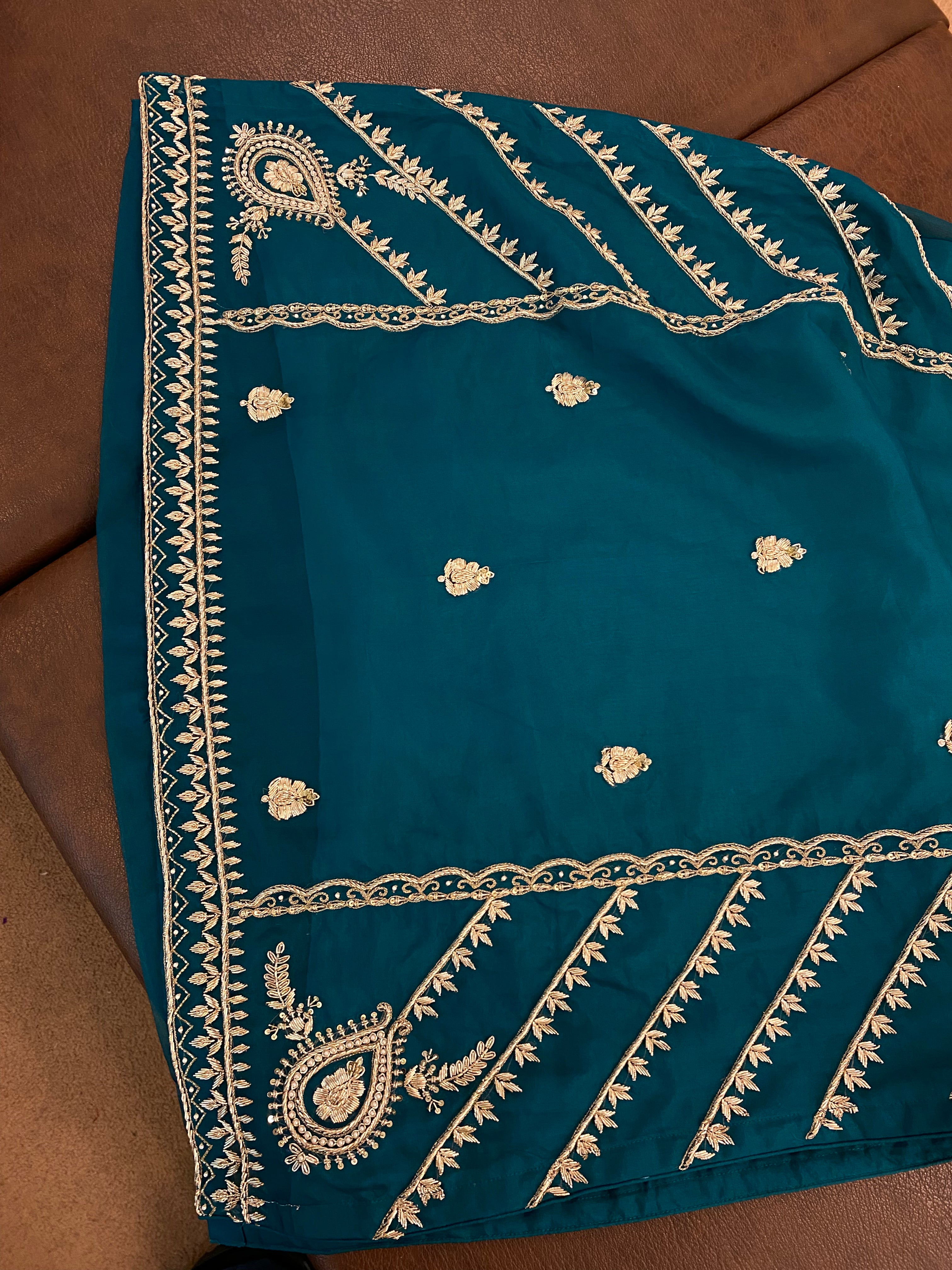 Handembroidered Teal organza Dress 3pc stitched