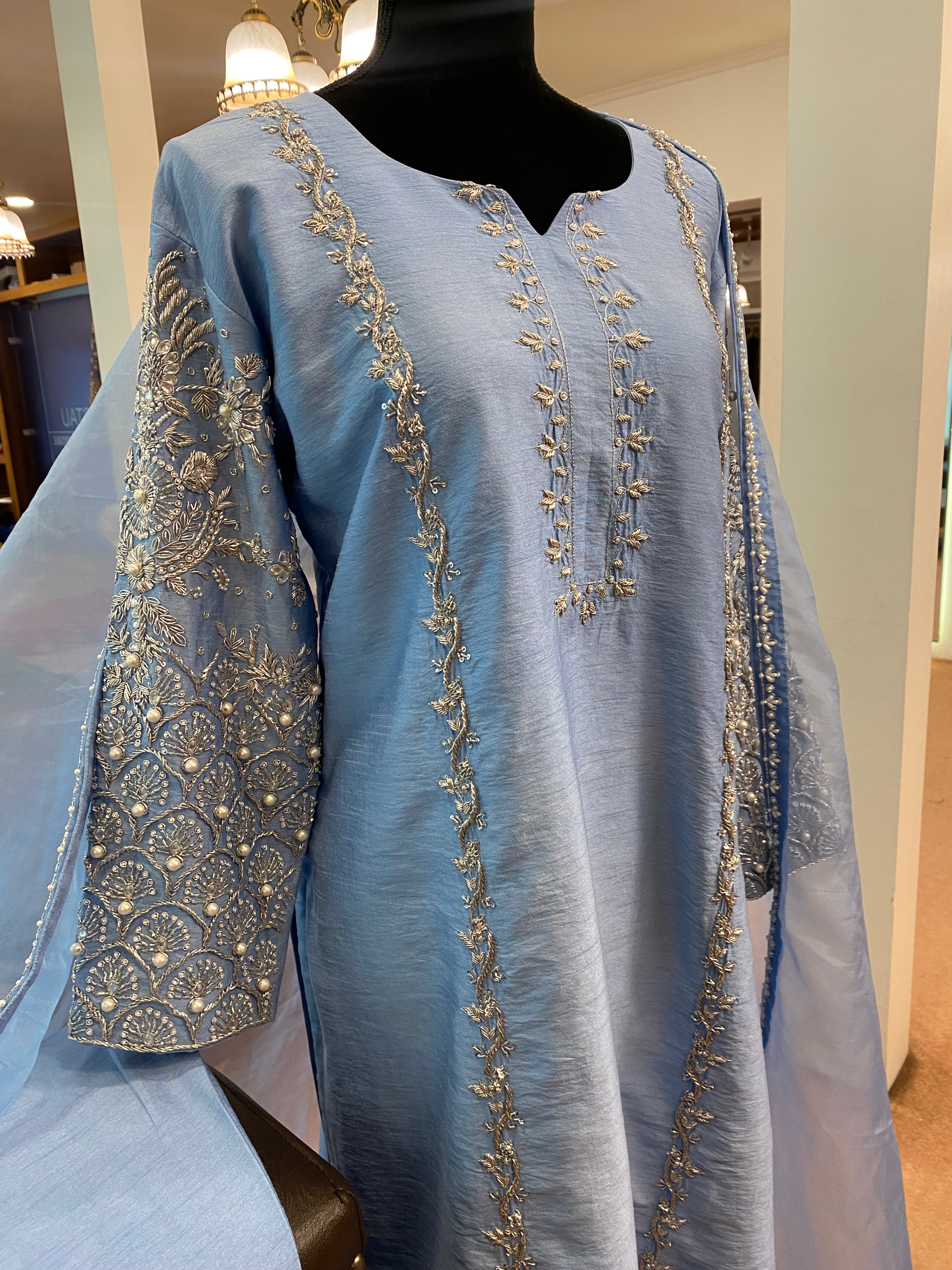 Dusty blue hand embroidered suit 3pc stitched