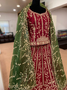 Maroon and green hand embroidered Lehanga