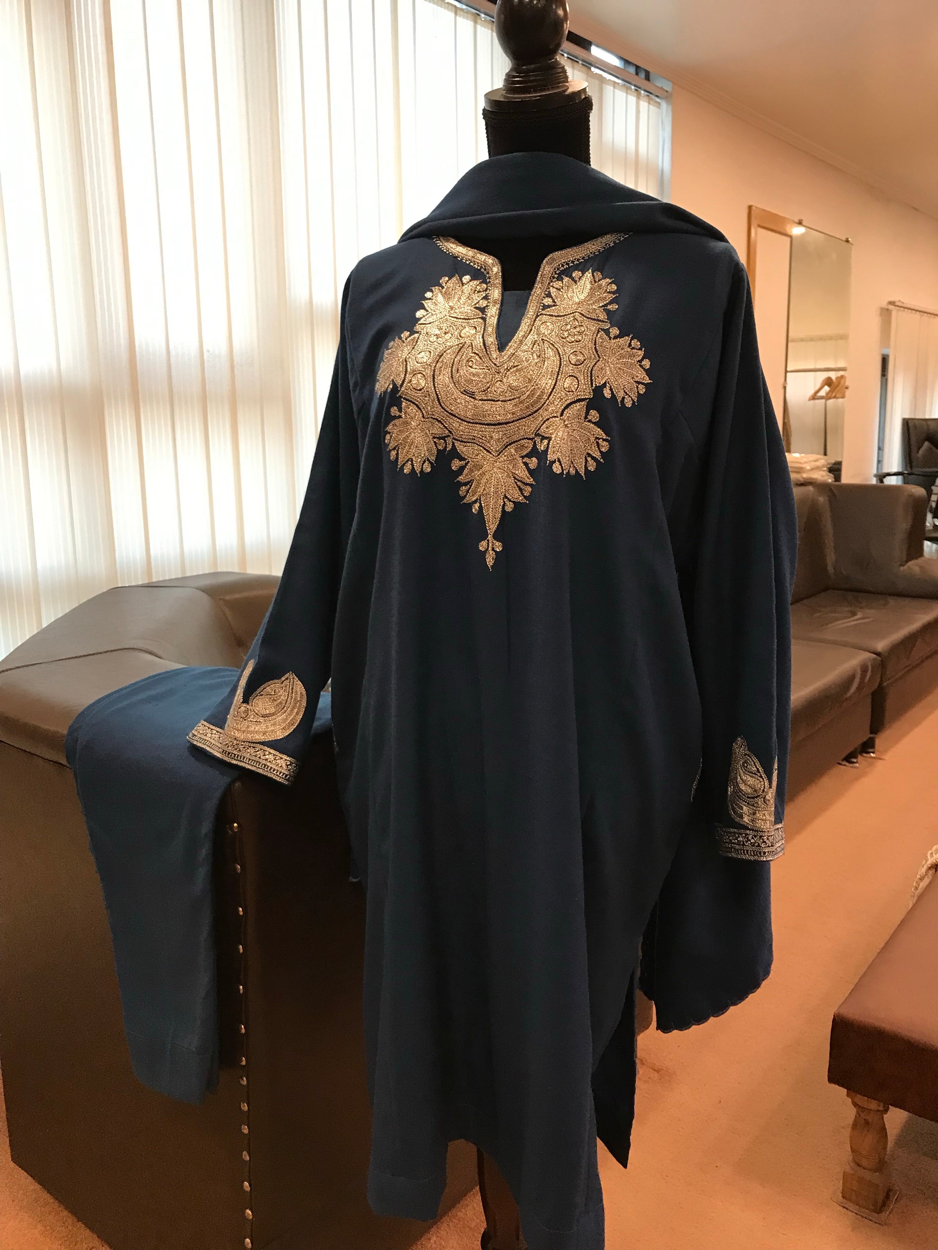 Pure pashmina and pure wool blend Pheran set 3pc with Handcrafted Tilla