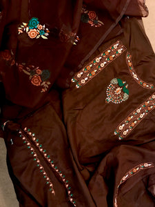 Hand embroidered Raw silk dress 3pc unstitched