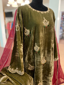 Hand embroidered olive and maroon suit 3pc stitched