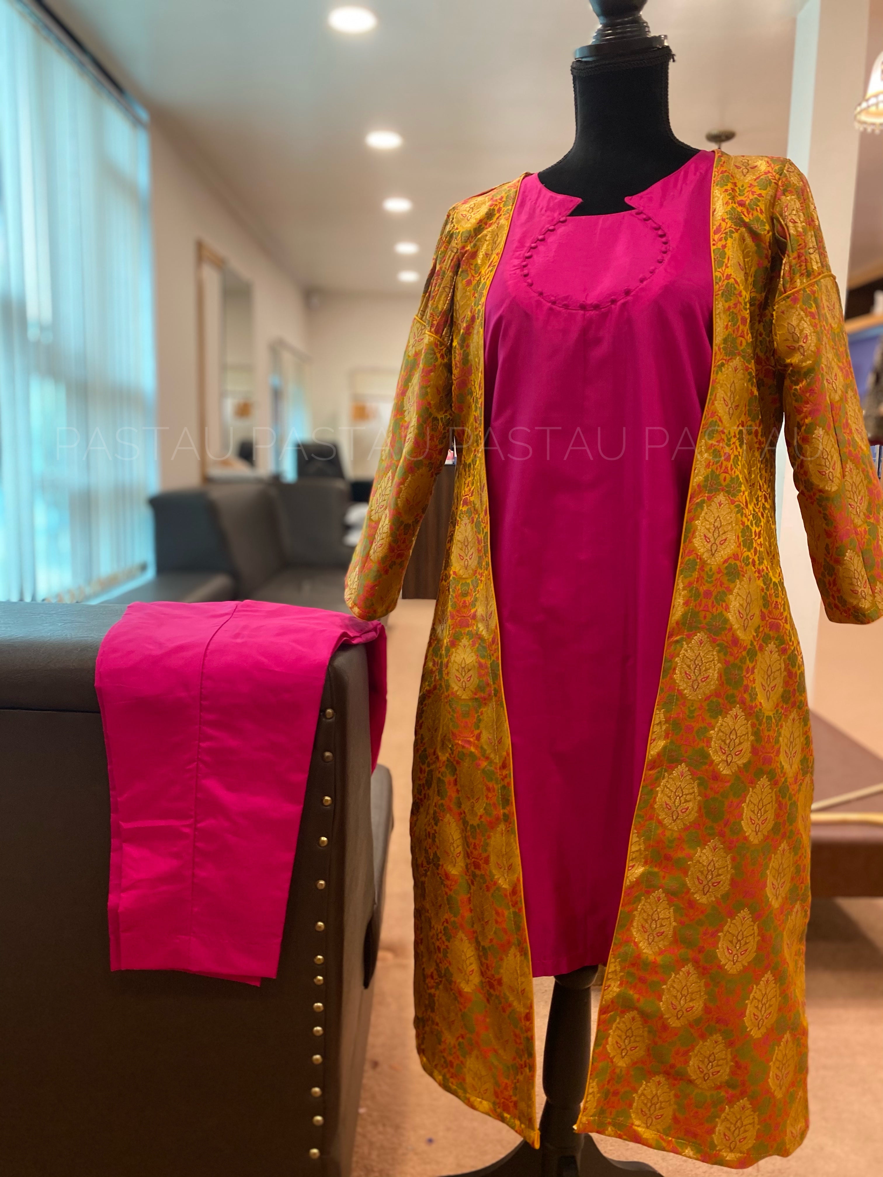 Kimkhab Jacket paired with pure silk kurta set