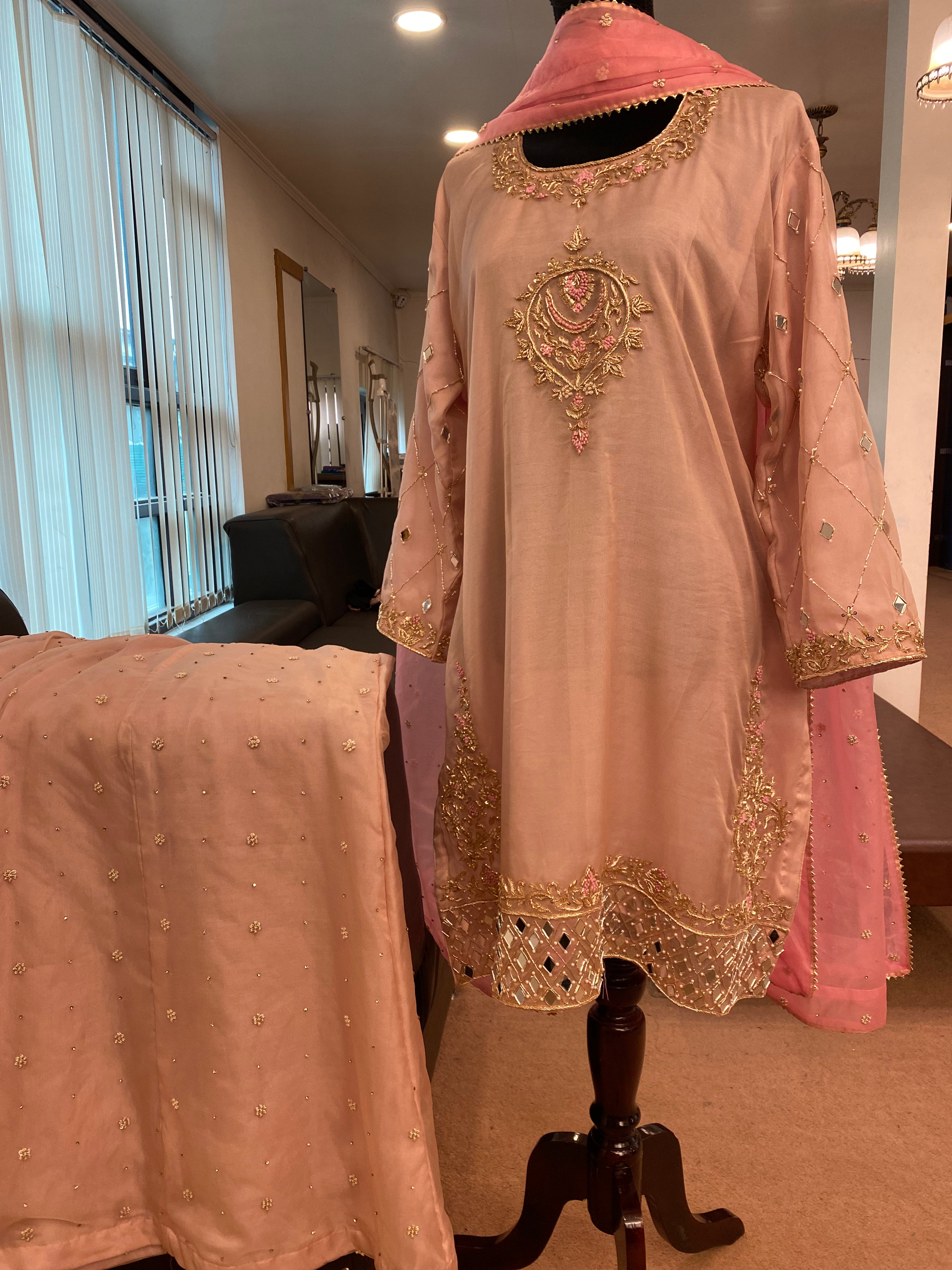 Hand embroidered Organza  sharara dress 3pc stitched