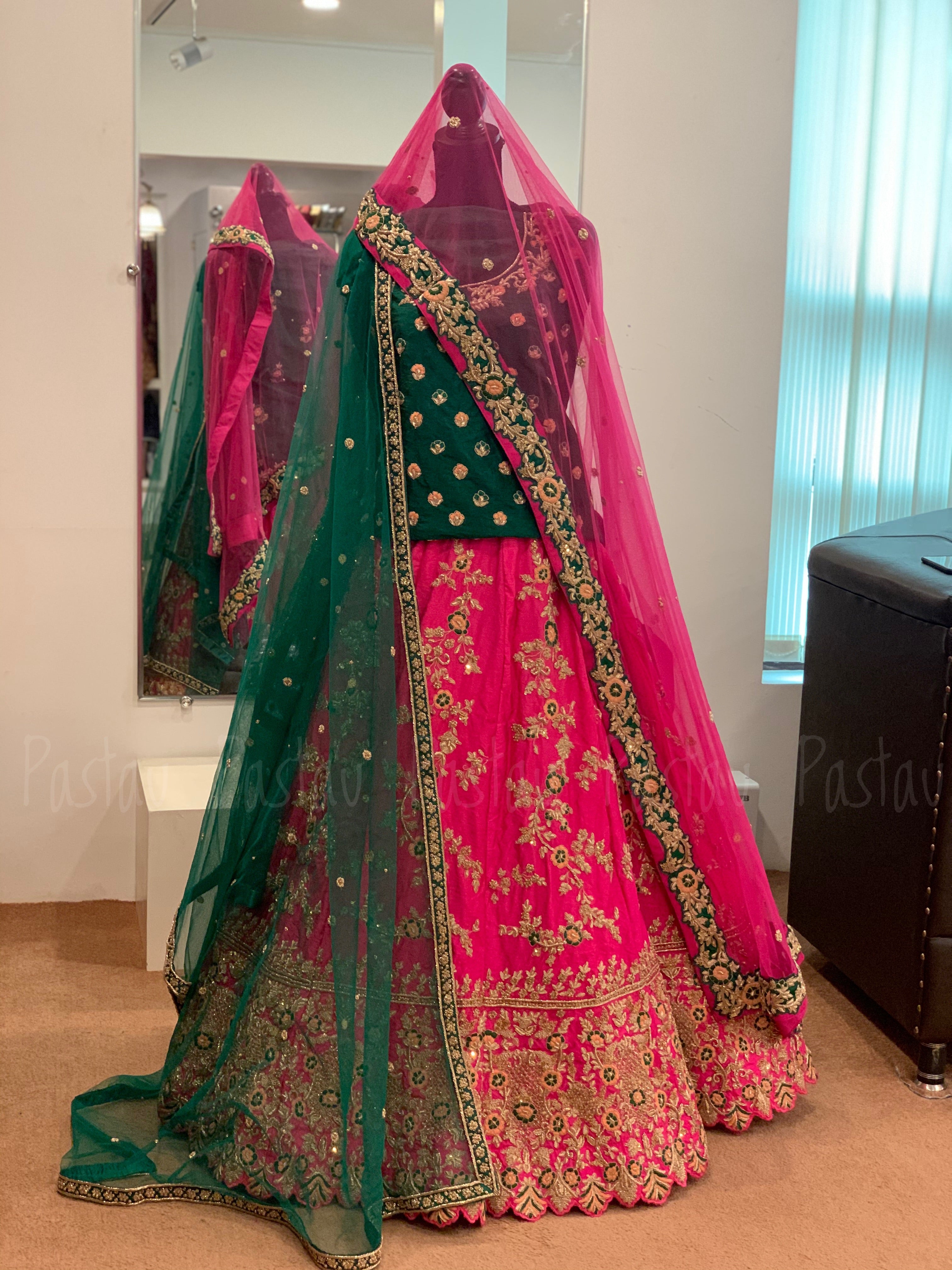Pink & Emerald Green Lehanga - Pastau