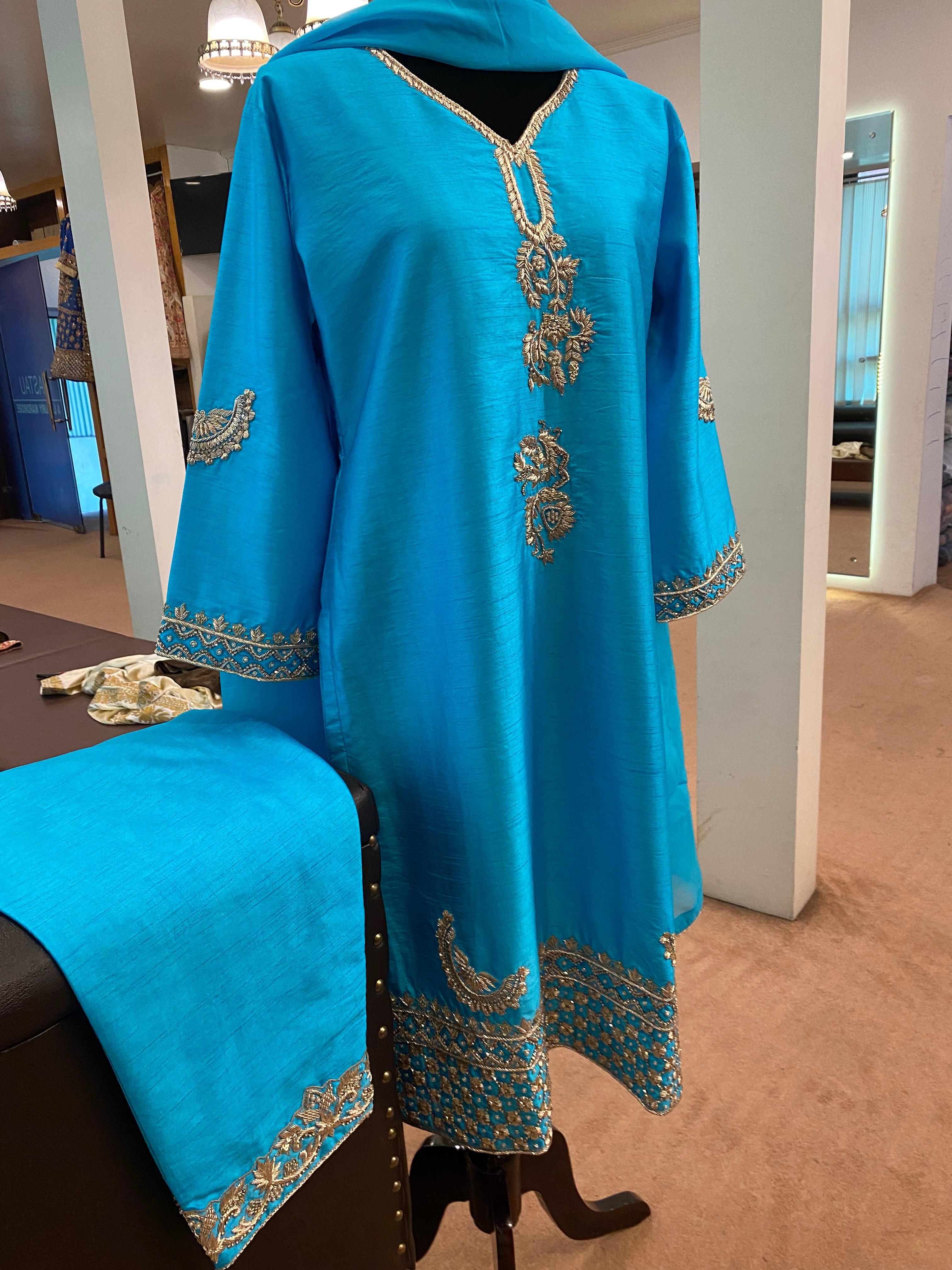 Hand embroidered raw silk suit