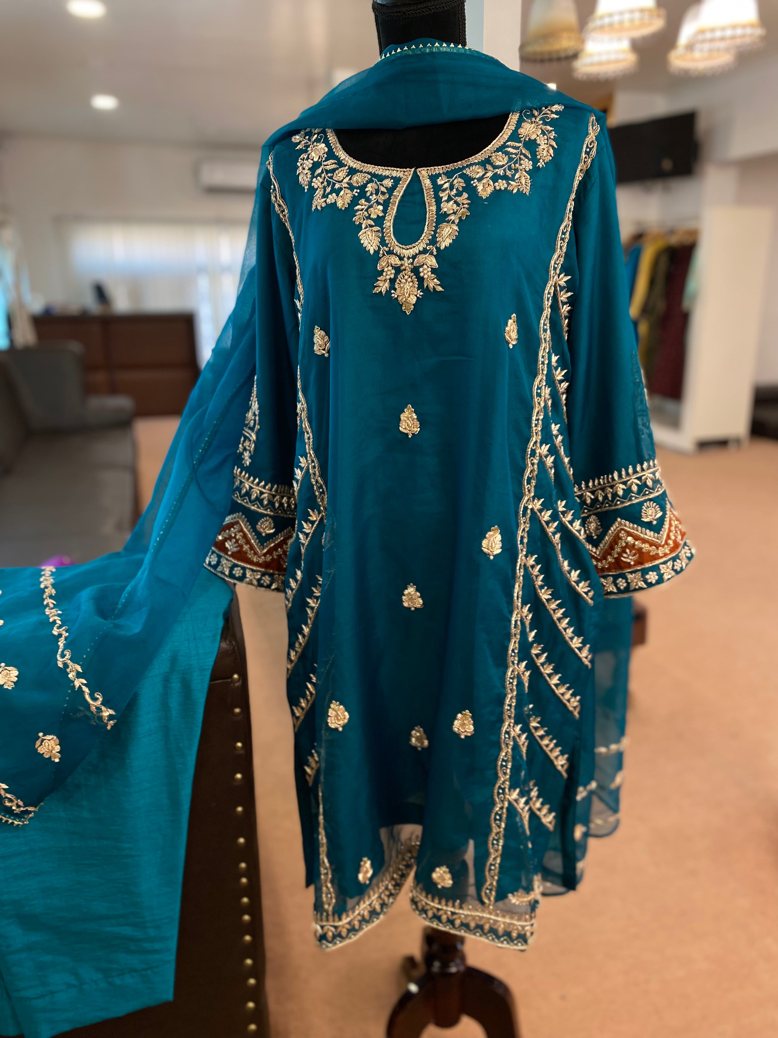 Handembroidered Teal organza Dress 3pc stitched