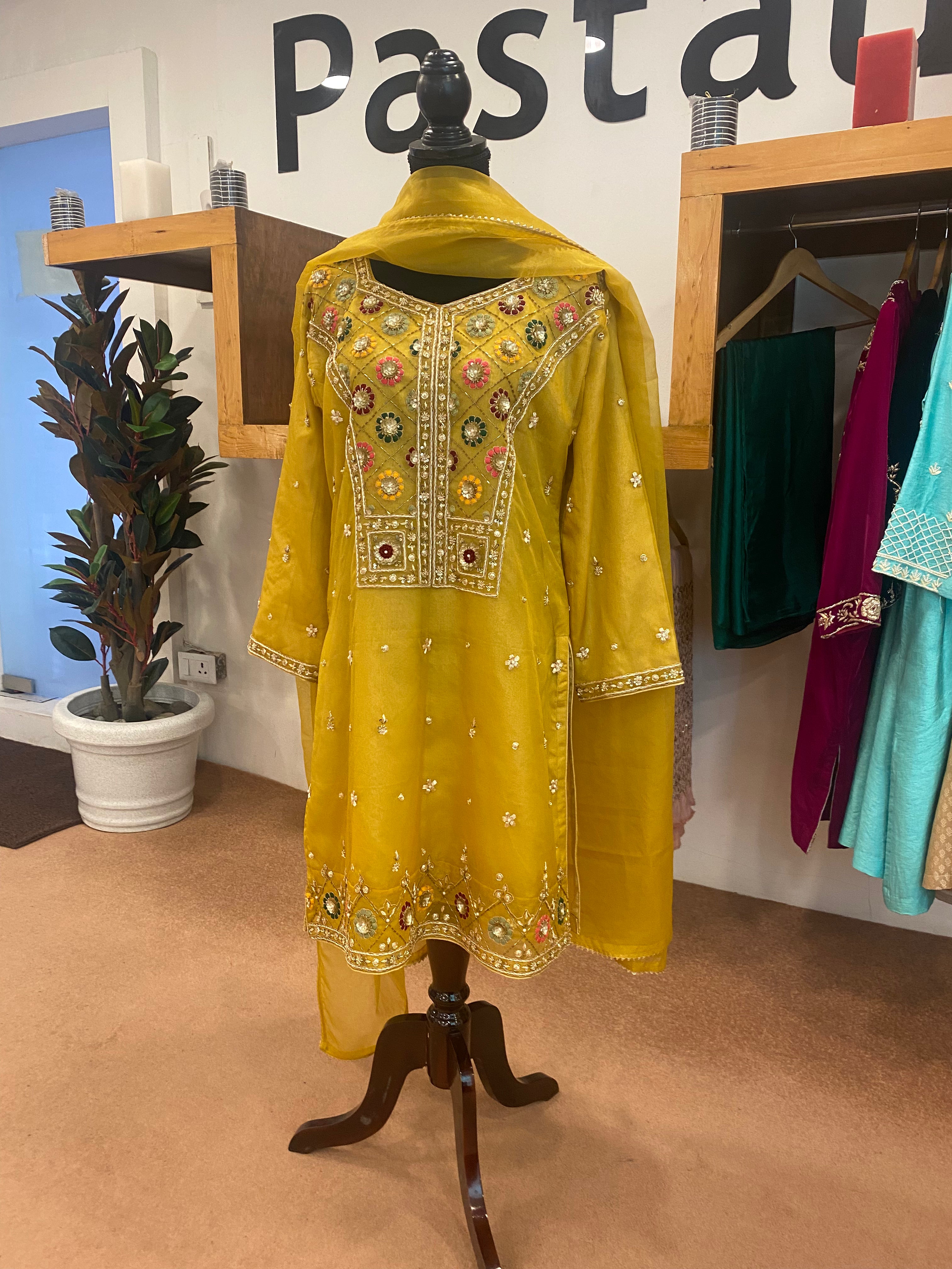 Hand embroidered Organza kurti and duppata set stitched