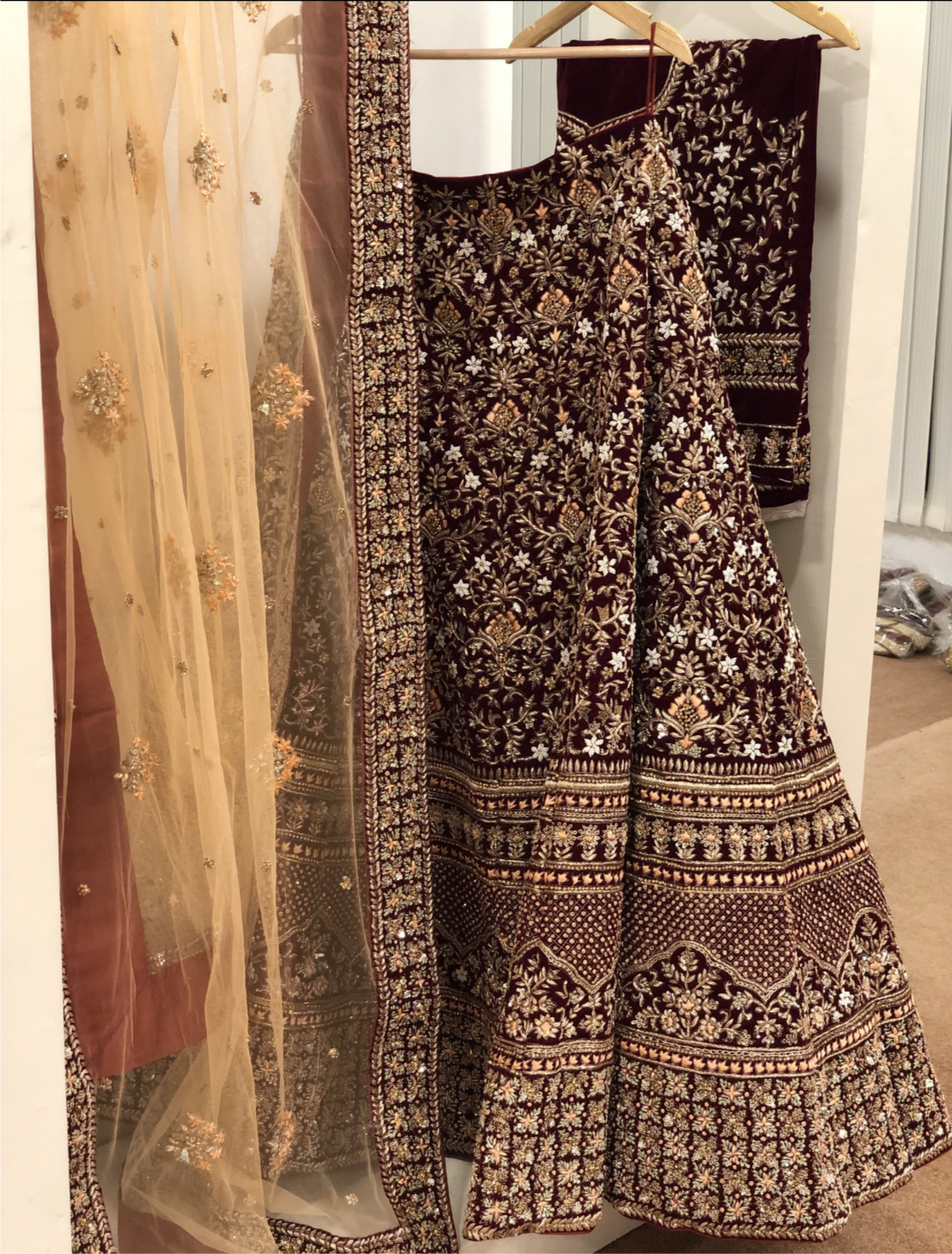 Maroon velvet & Net Ensemble - Pastau