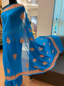 Georgette Teal blue  saree with Kashmiri embroidery SR007