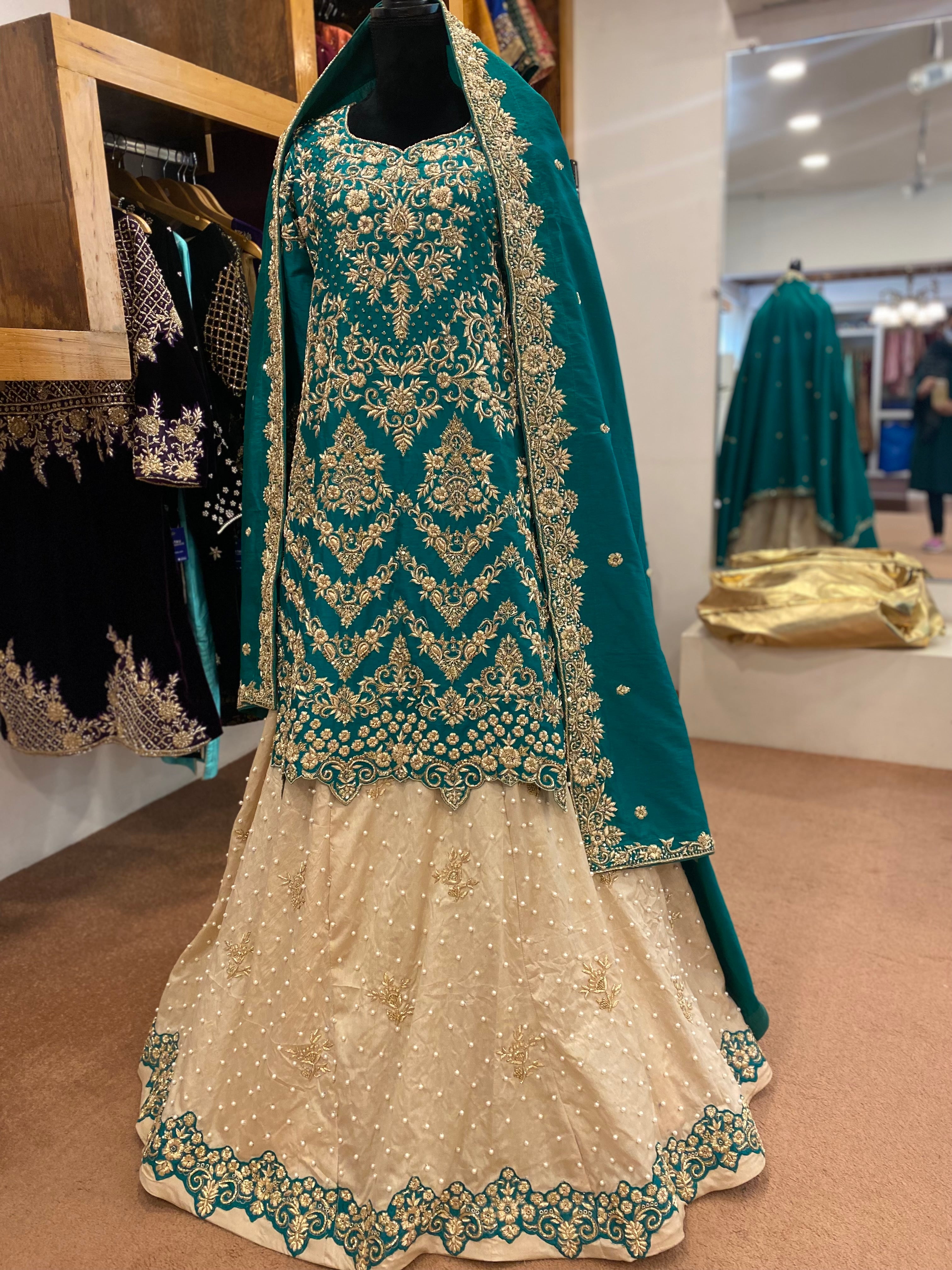 Handembroidered lehanga with longline shirt.