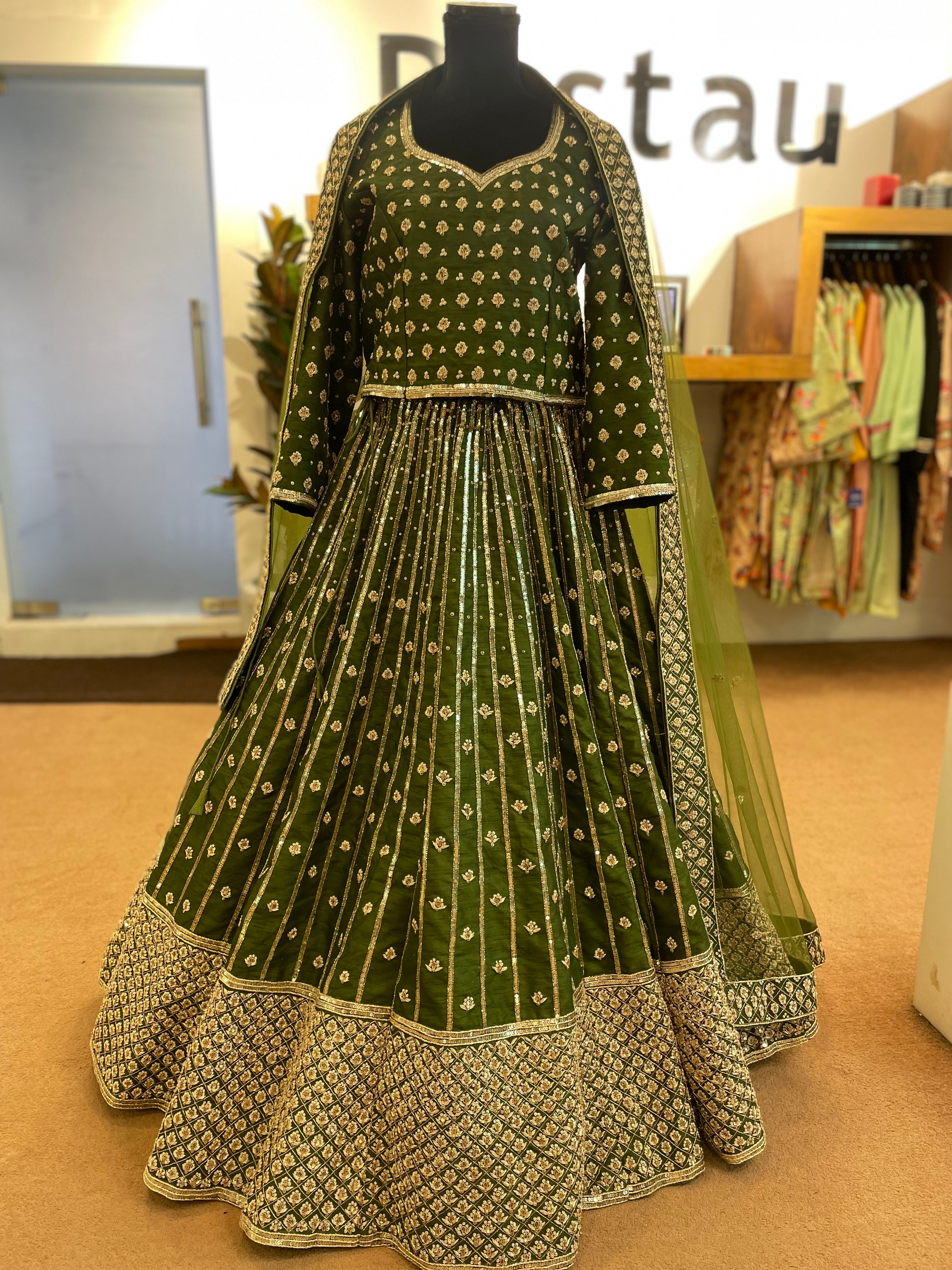 Handembroidered green lehanga