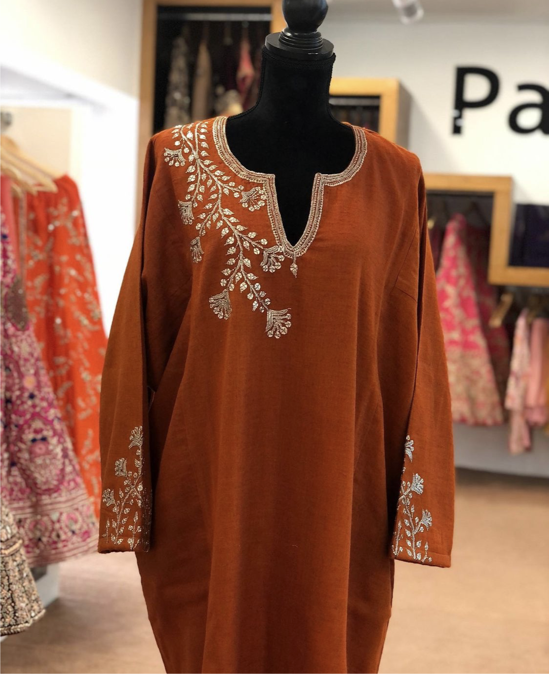 Pure pashmina blend pheran with hand tilla