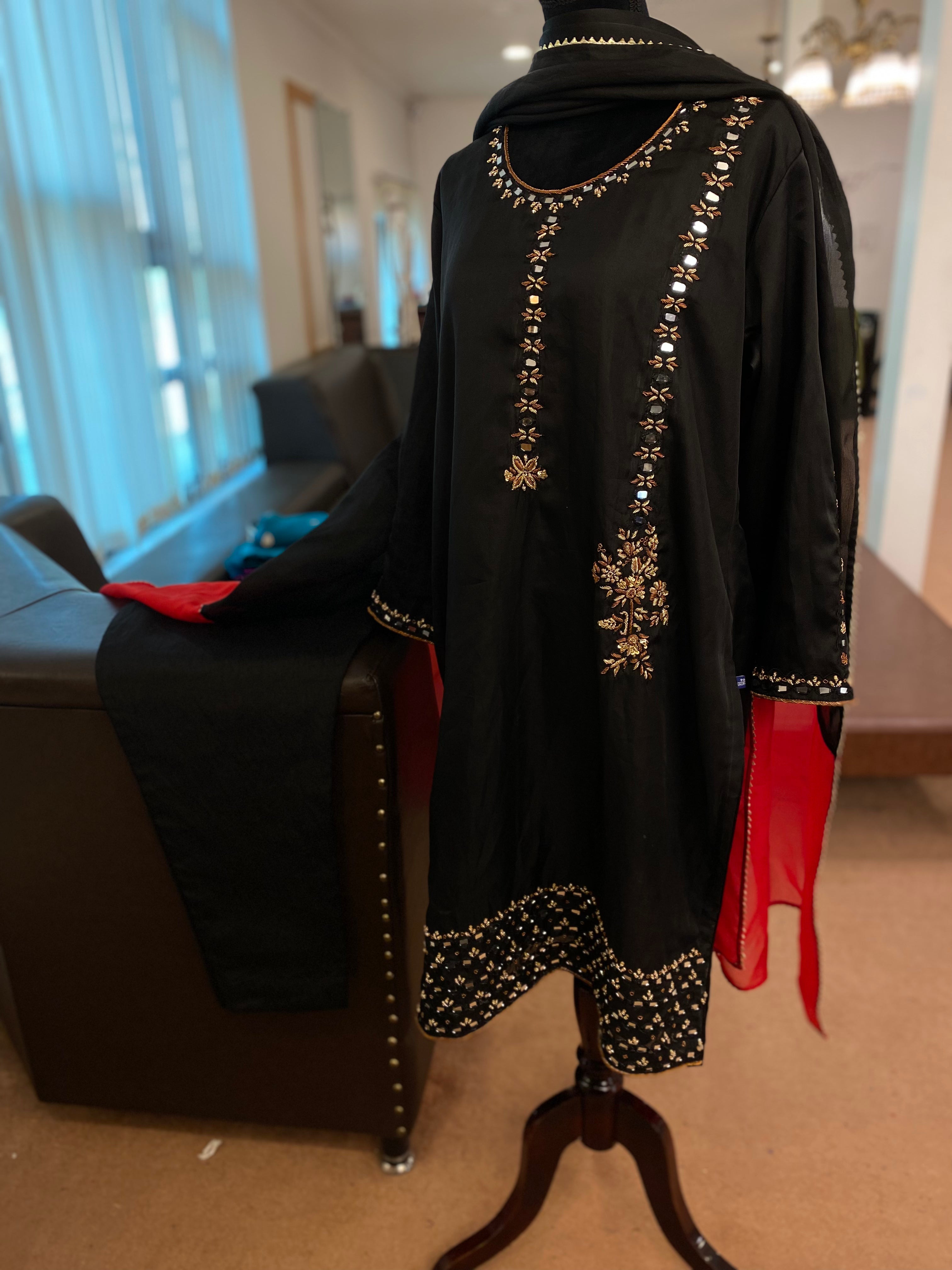 Organza black hand embroidered dress 3pc stitched