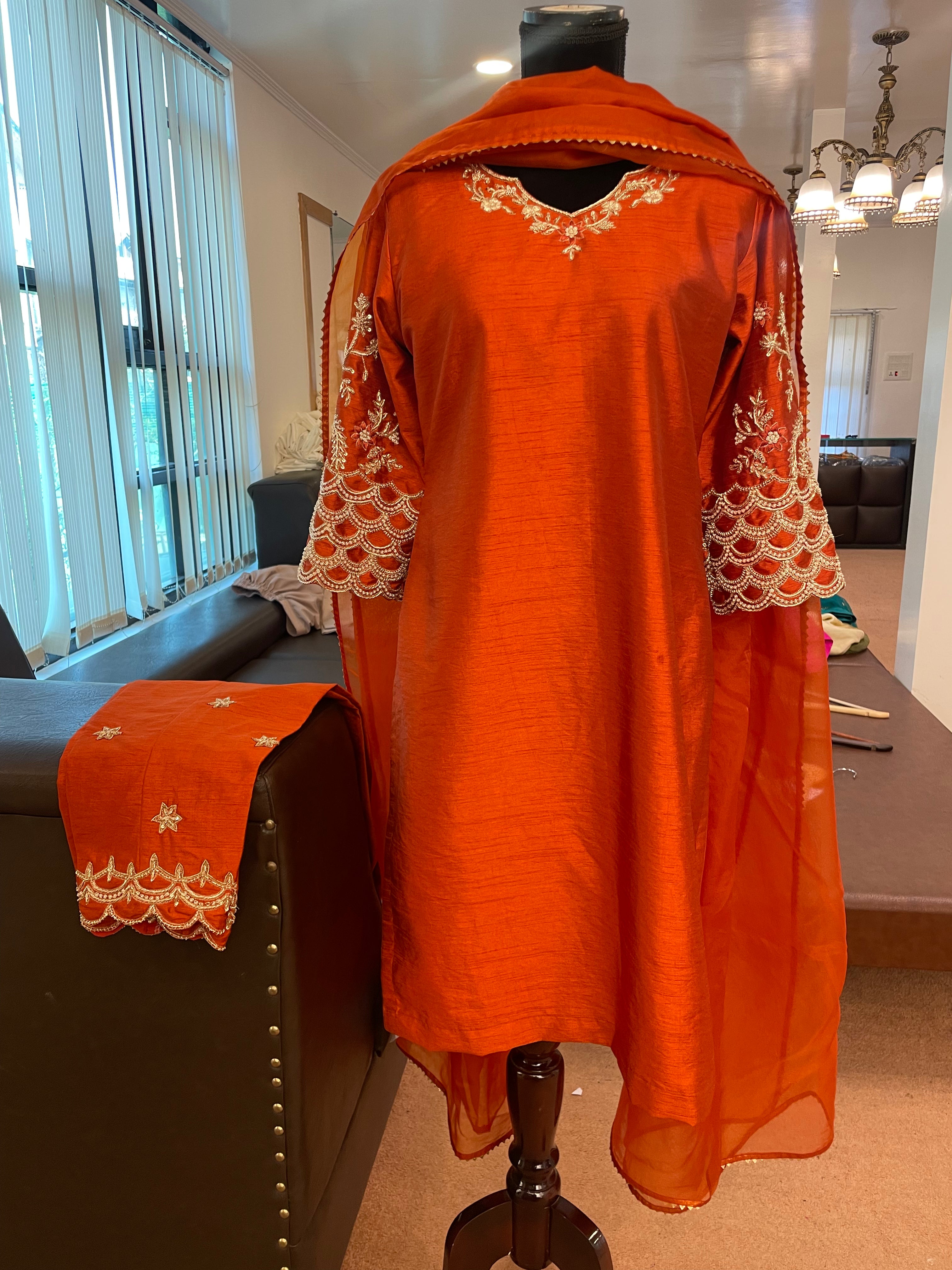 Raw silk rust embroidered 3 piece suit