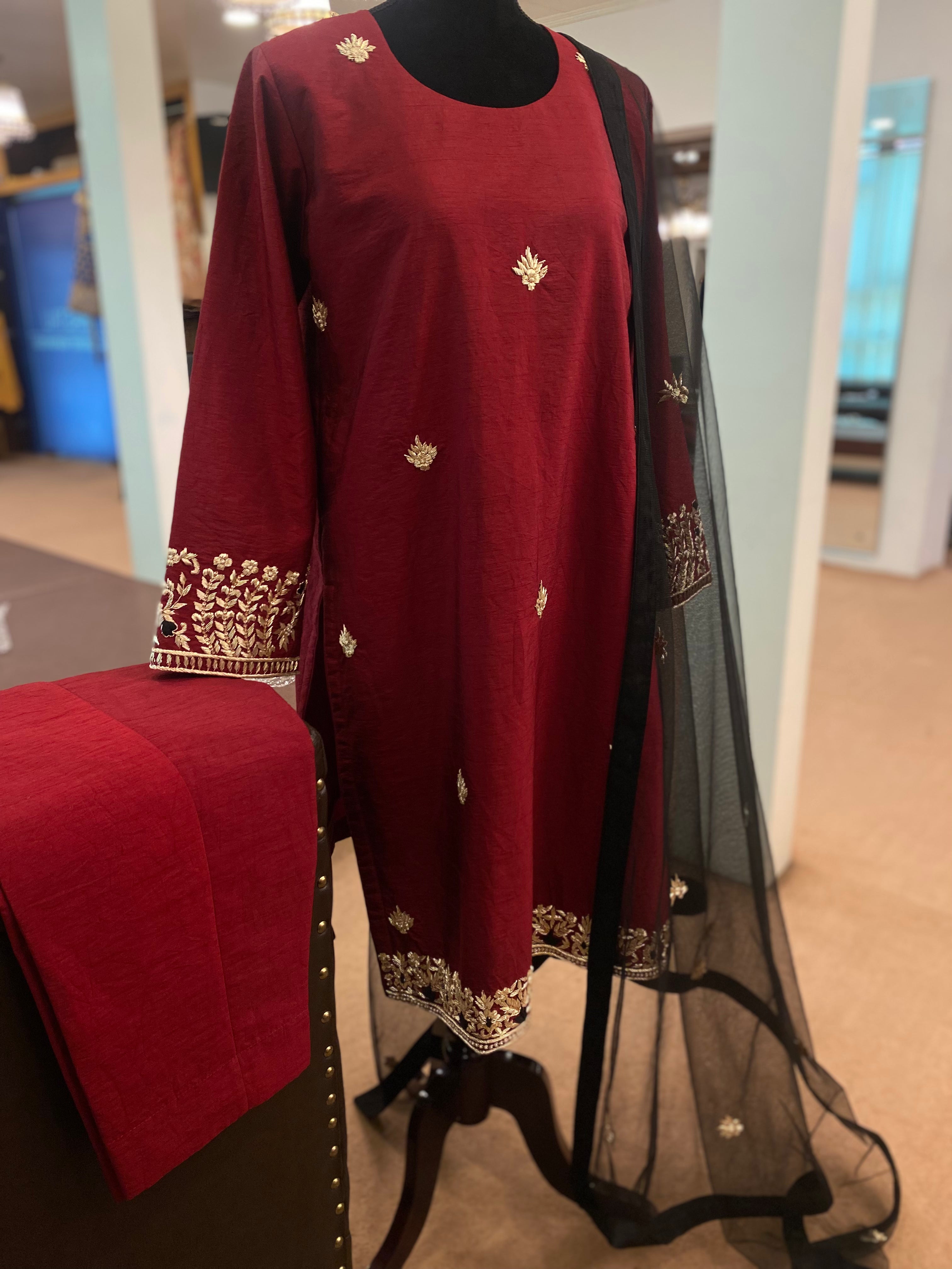 Hand embroidered Maroon and black 3pc suit