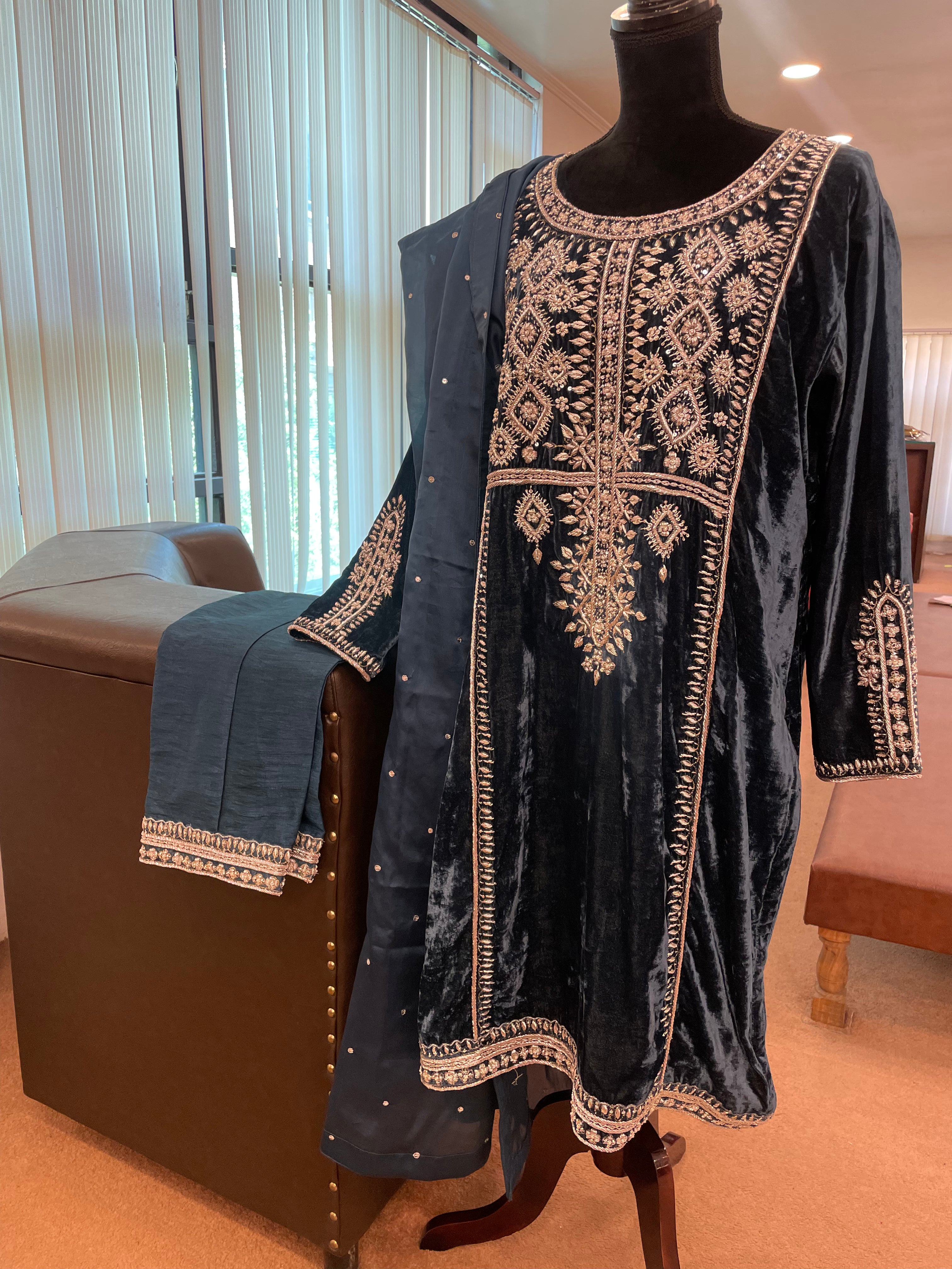 Blue handembroidered 3 piece suit