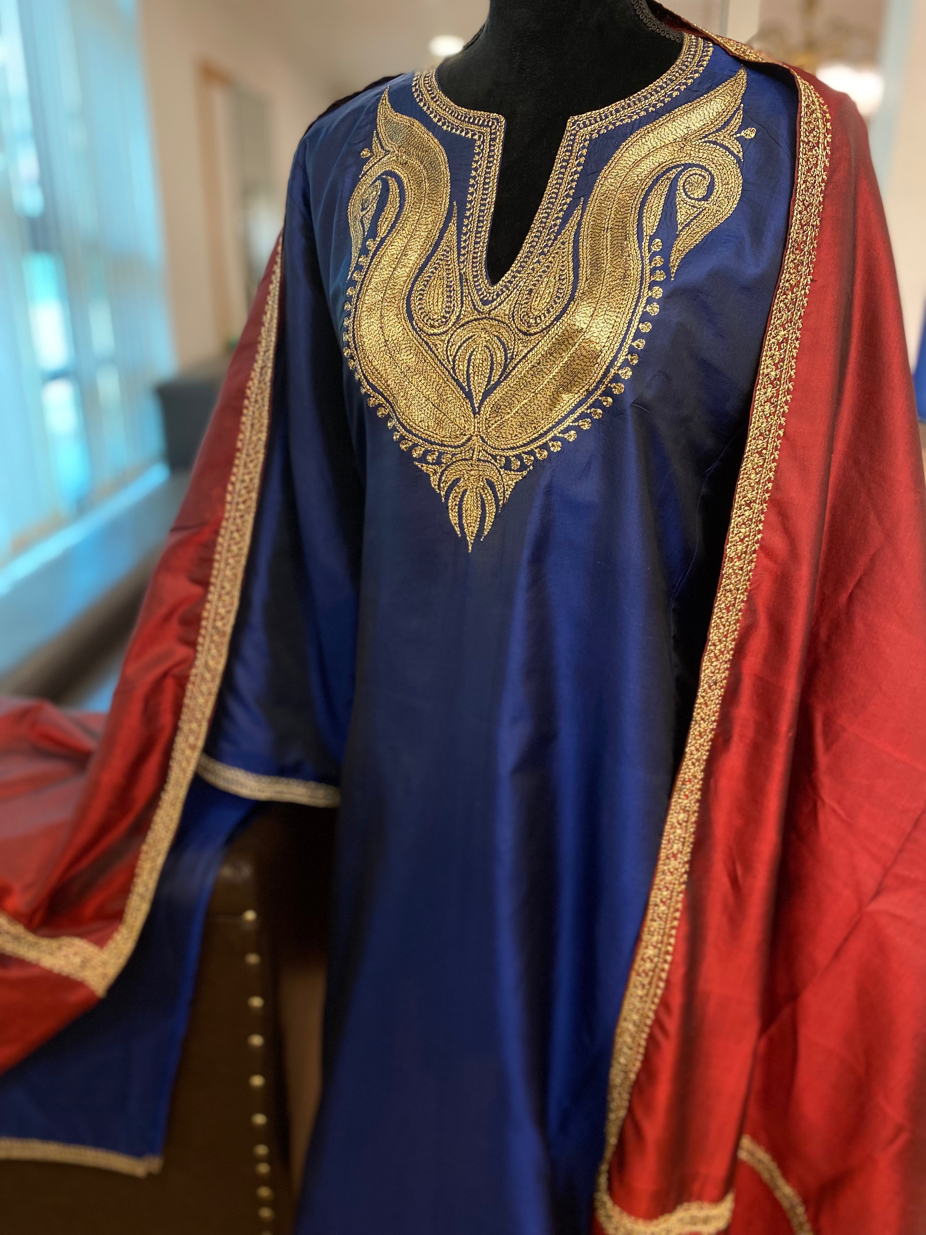 Pure silk hand tilla suit blue and maroon 3pc stitched