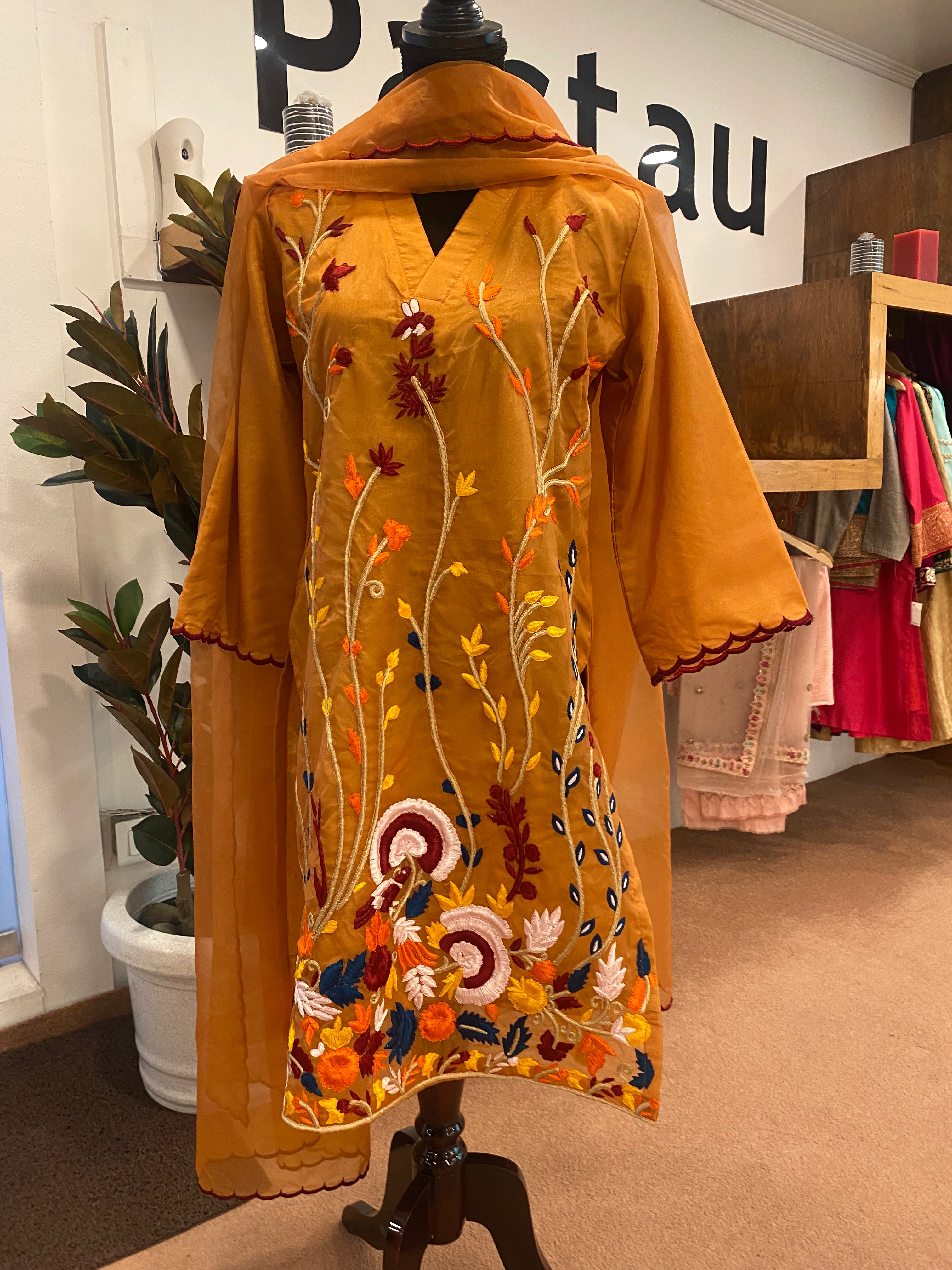 Hand embroidered Organza kurti and duppata  stitched