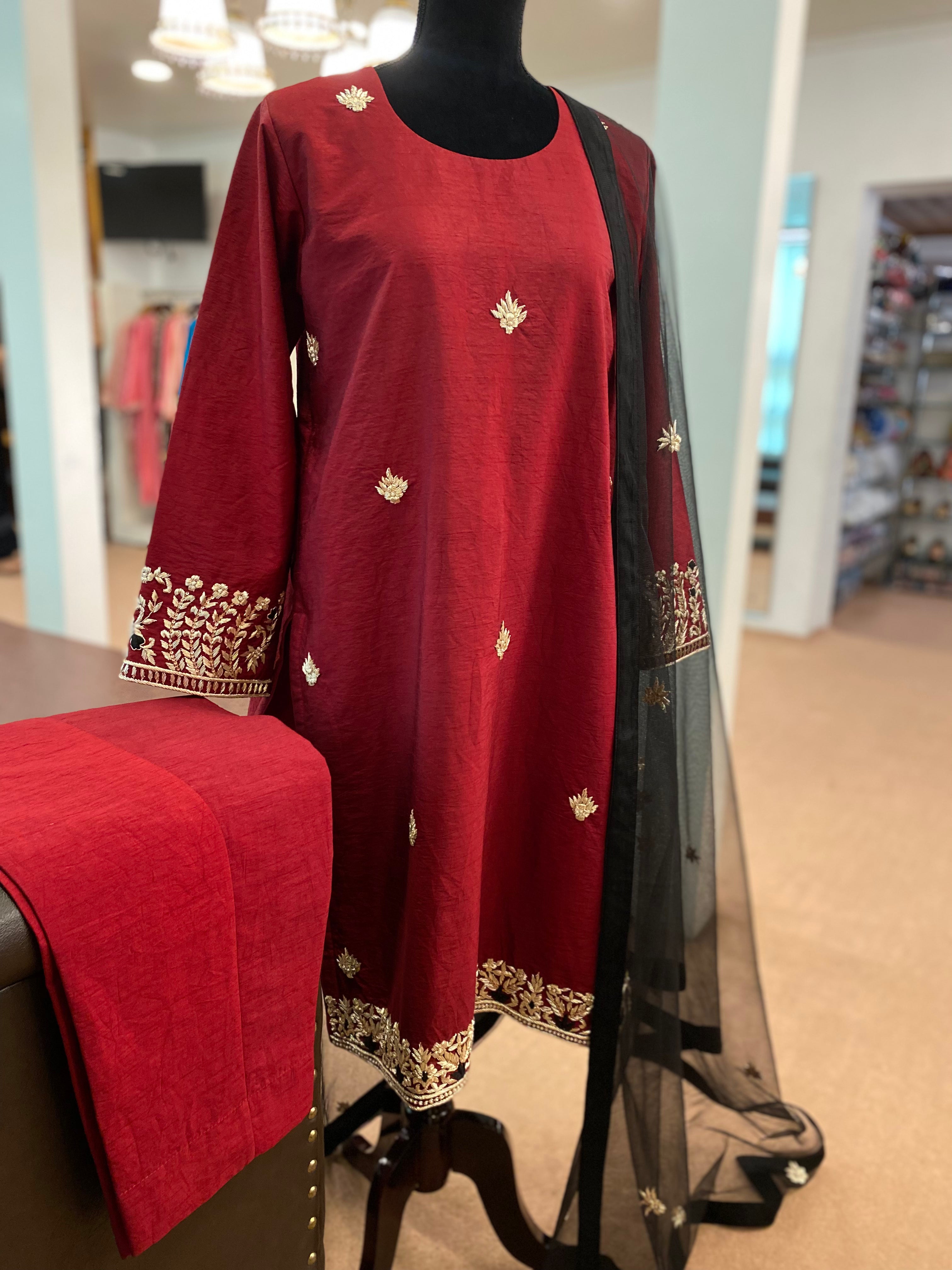 Hand embroidered Maroon and black 3pc suit