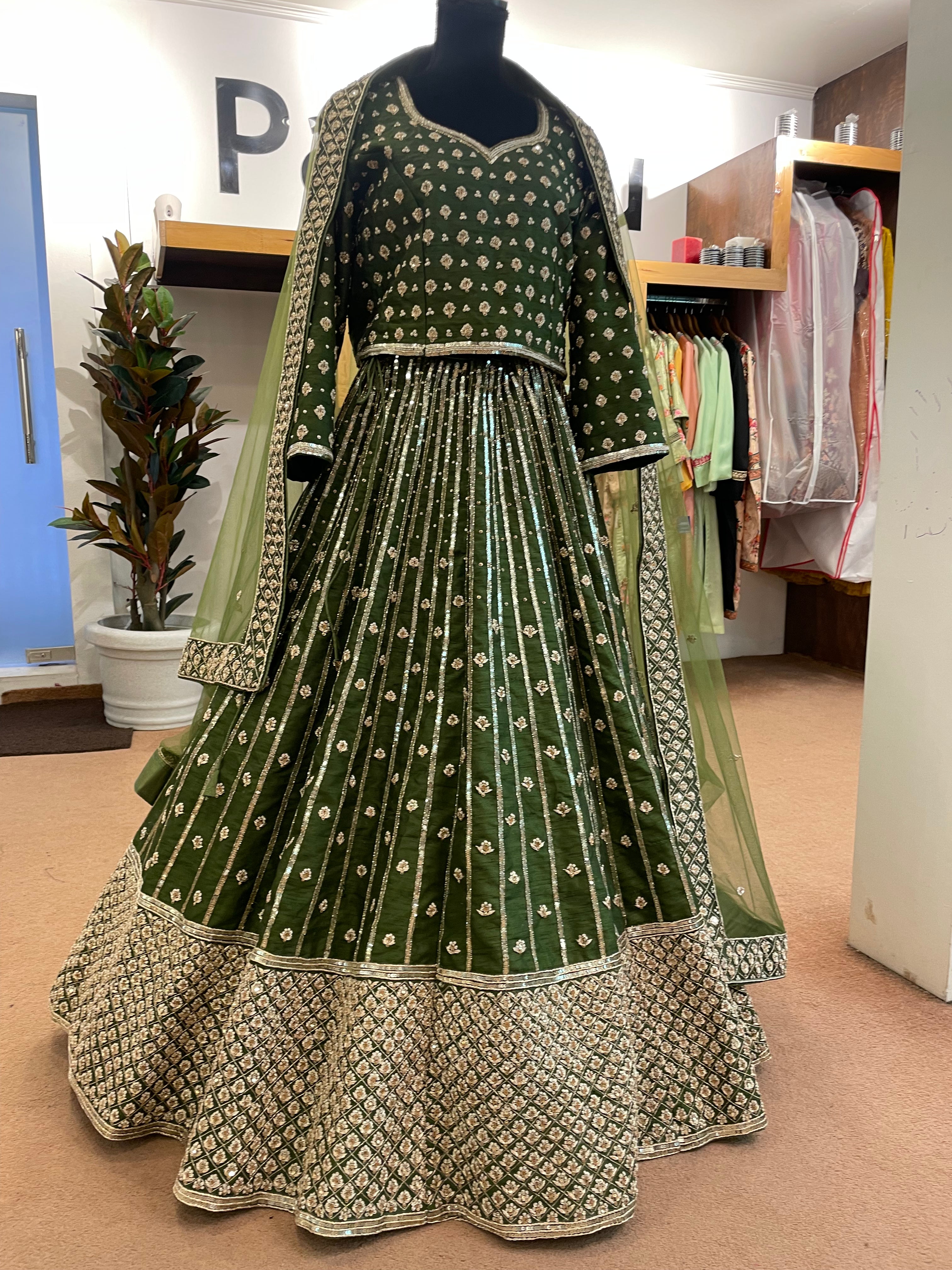 Handembroidered green lehanga