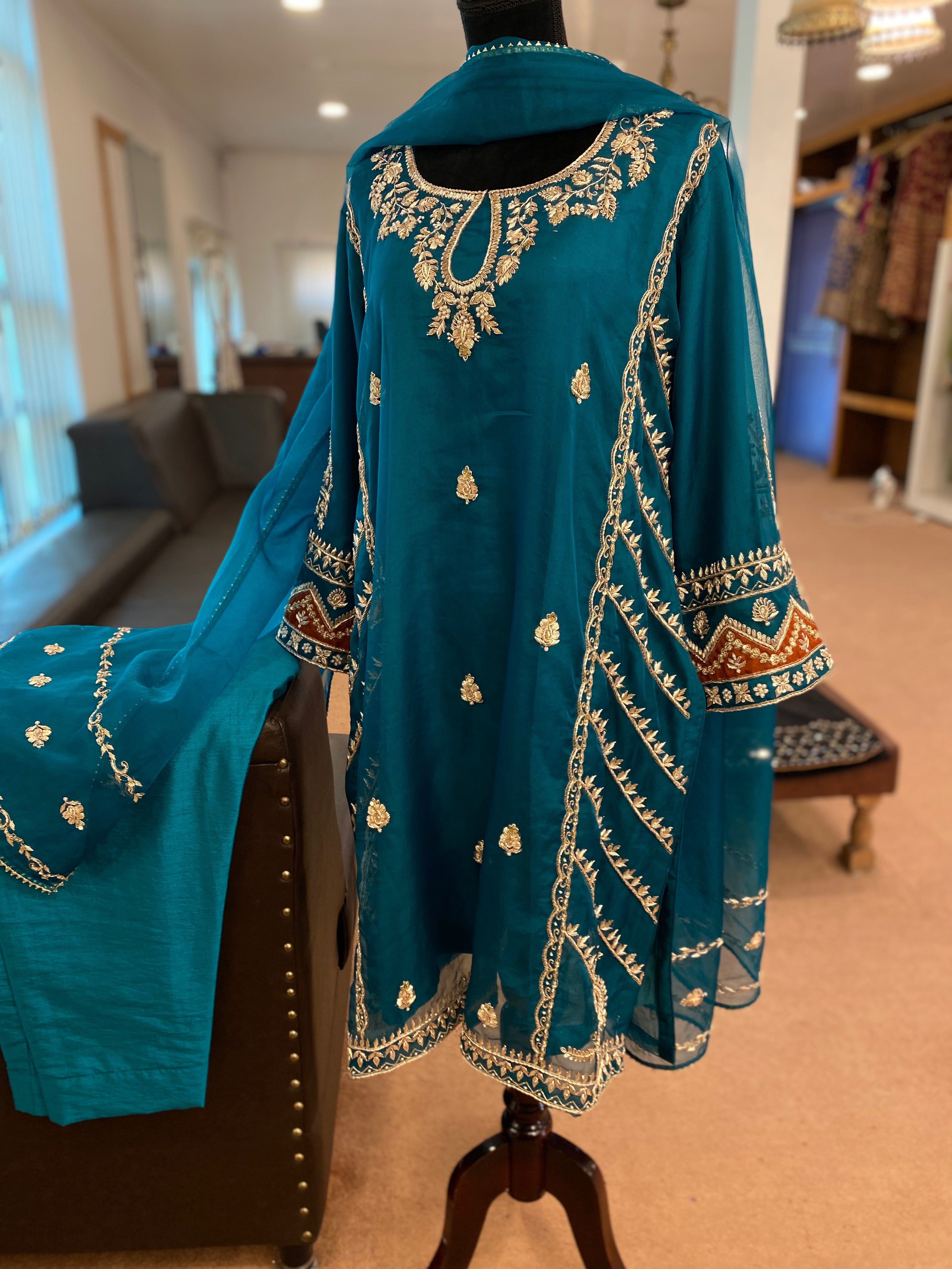 Handembroidered Teal organza Dress 3pc stitched