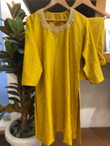 Hand embroidered mustard Suit 2pc stitched
