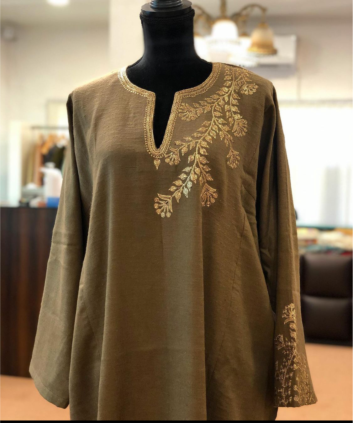 Pure pashmina wool blend pheran with hand tilla