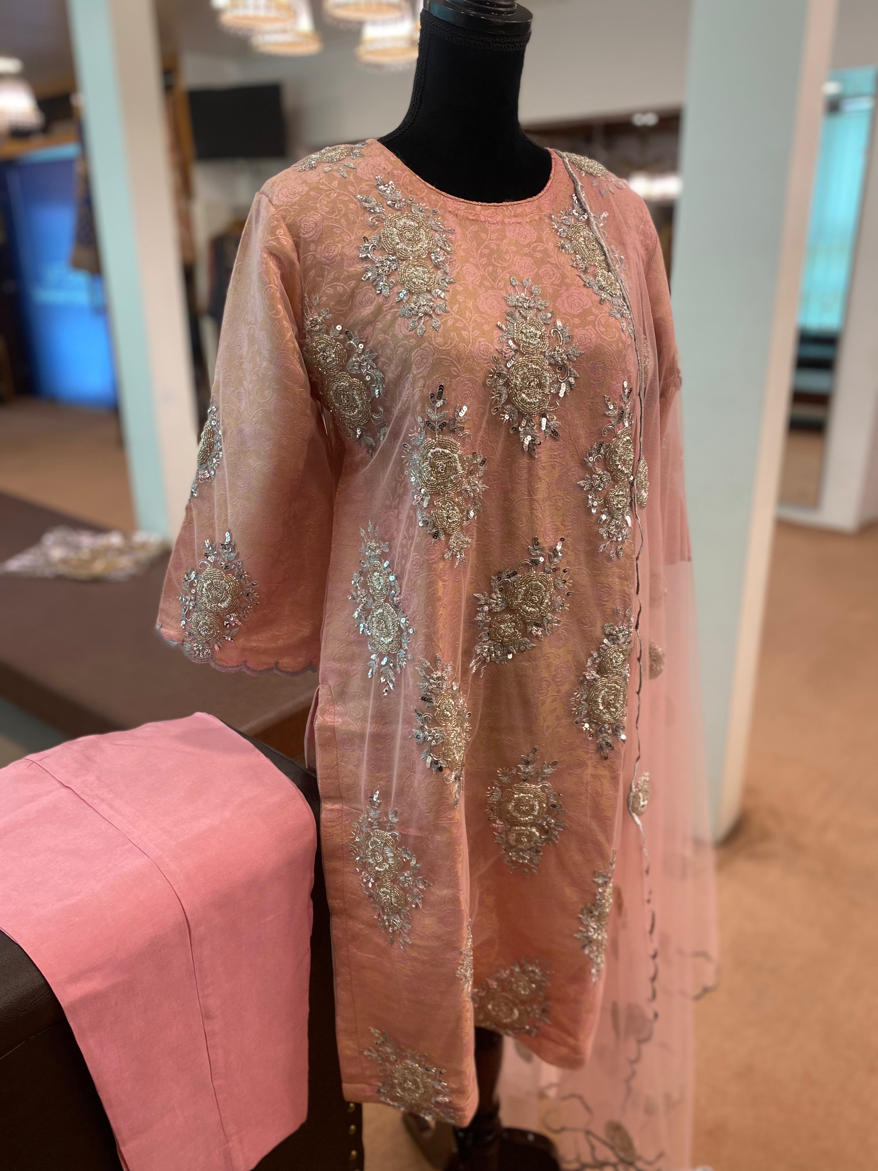 Handembroidered pastel Pink suit 3pc stitched