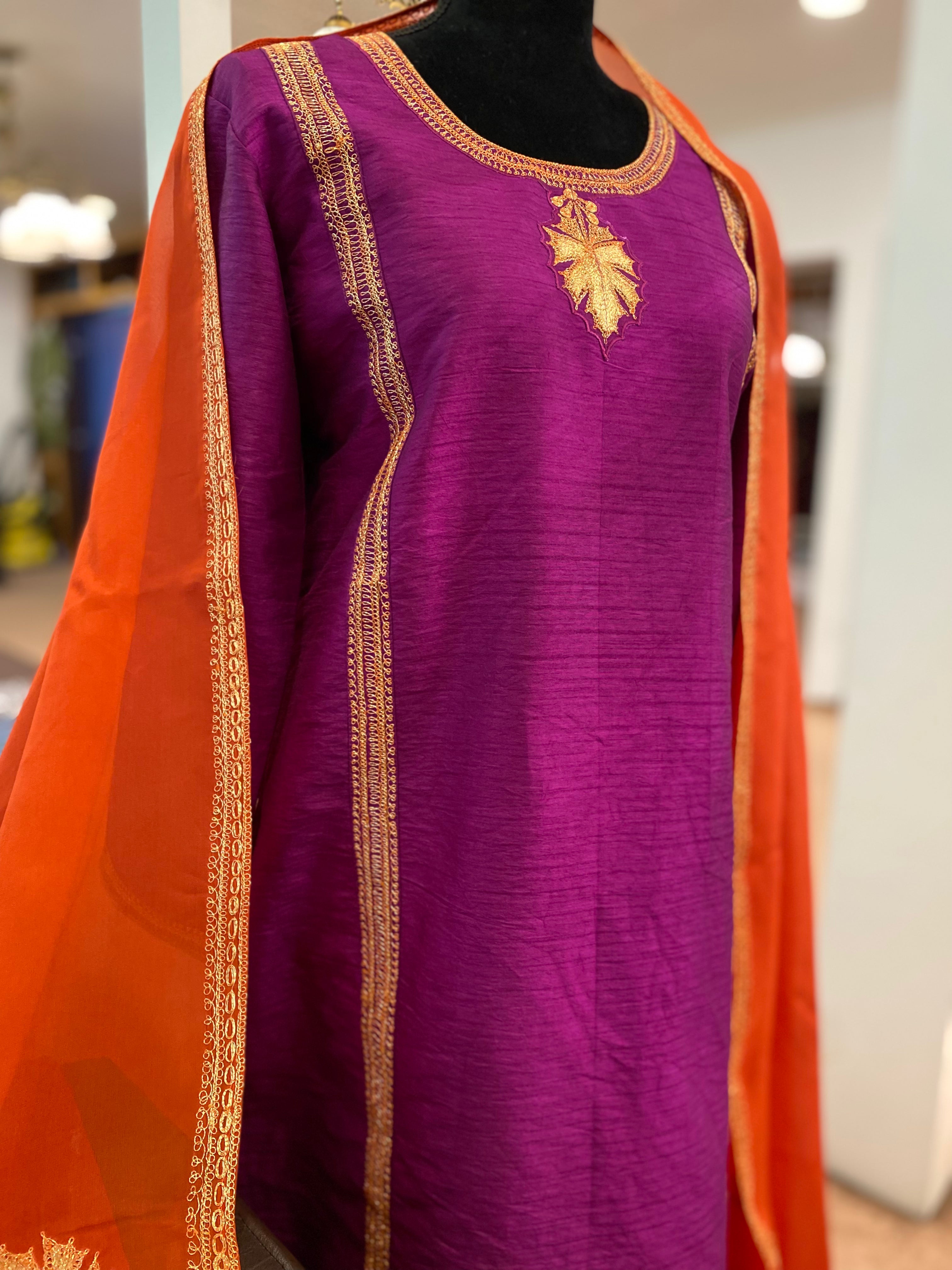 Raw silk tilla suit purple and rust 3pc
