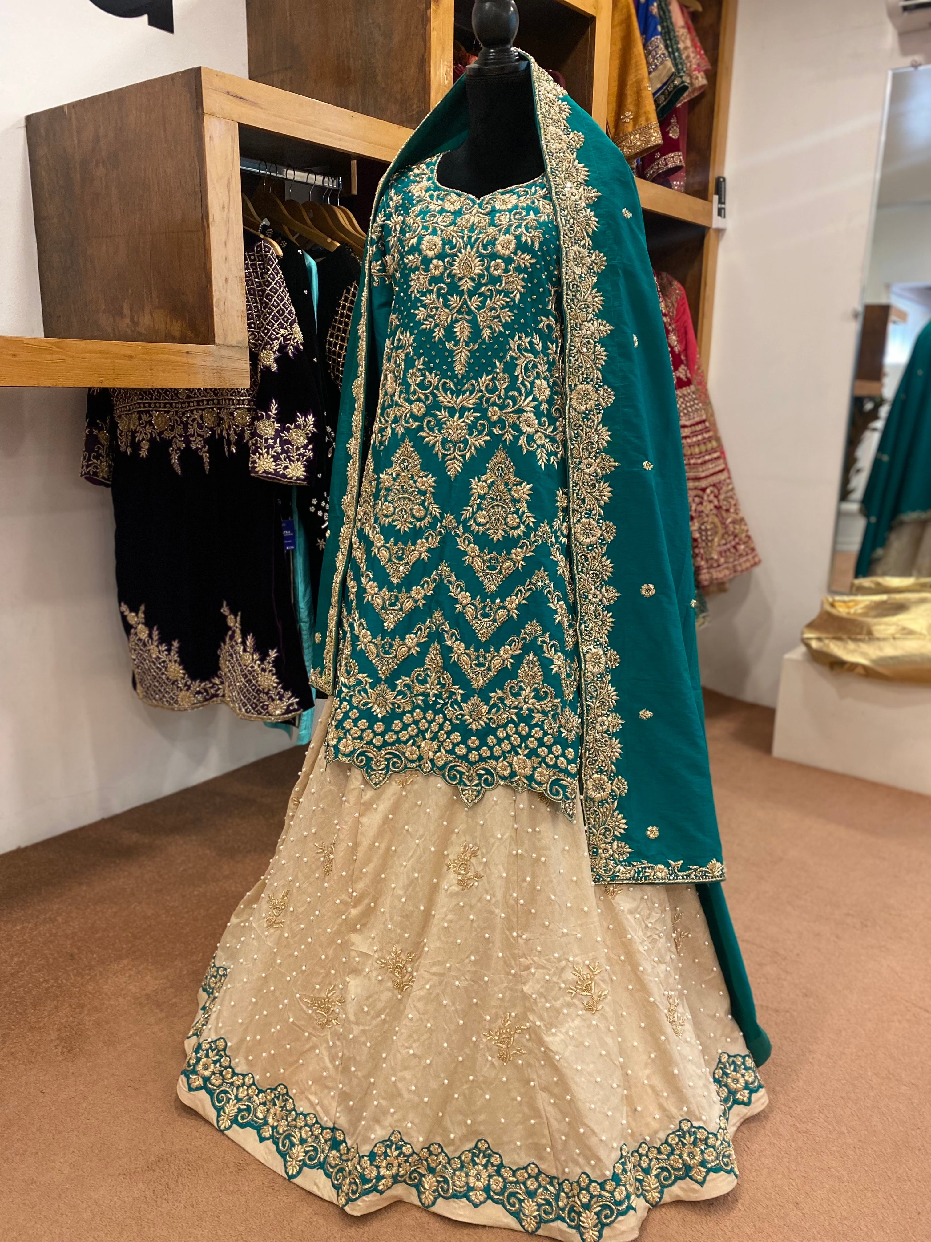 Handembroidered lehanga with longline shirt.