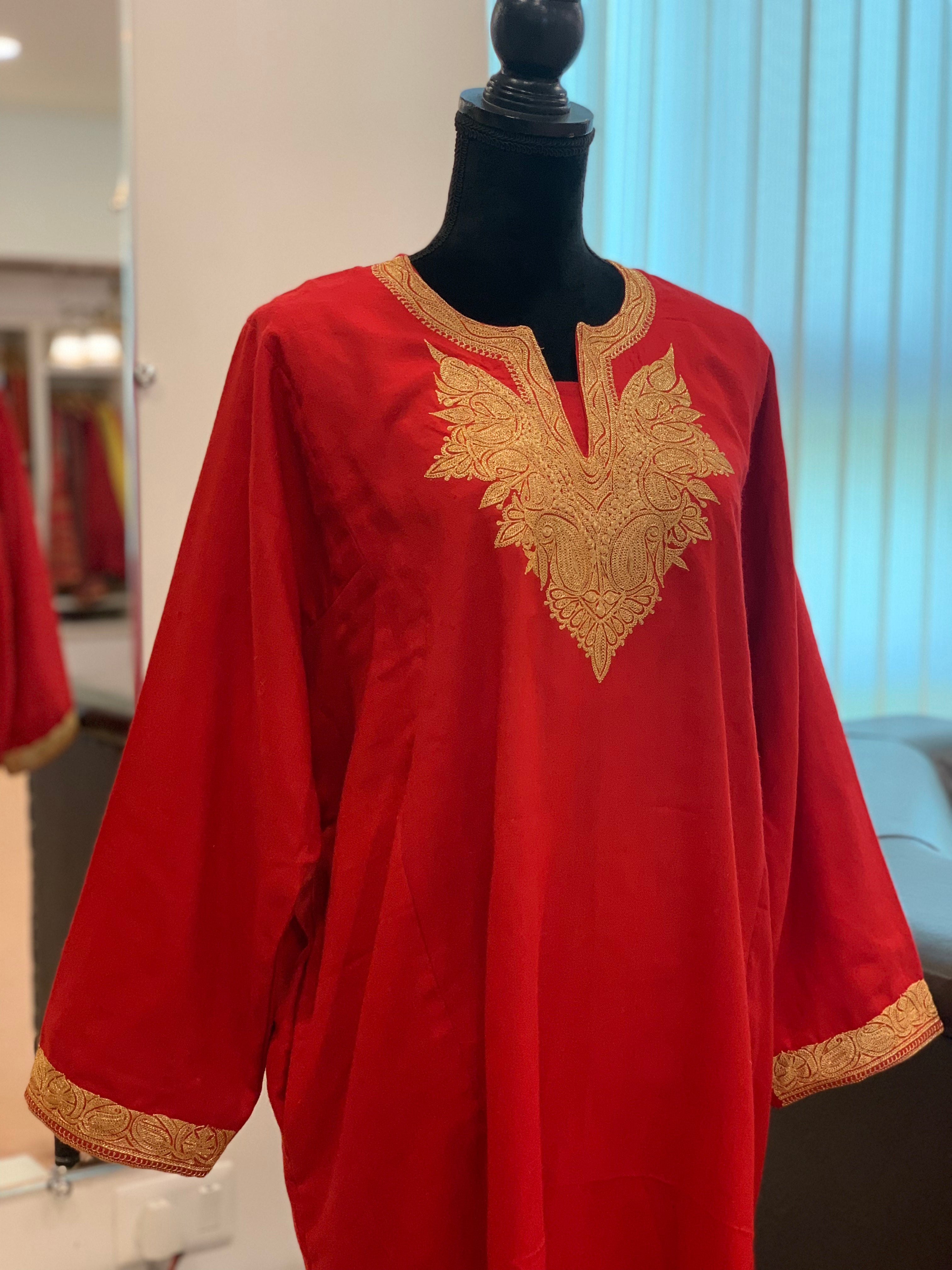 Red purepashmina with purewool blend pheran - PWB020