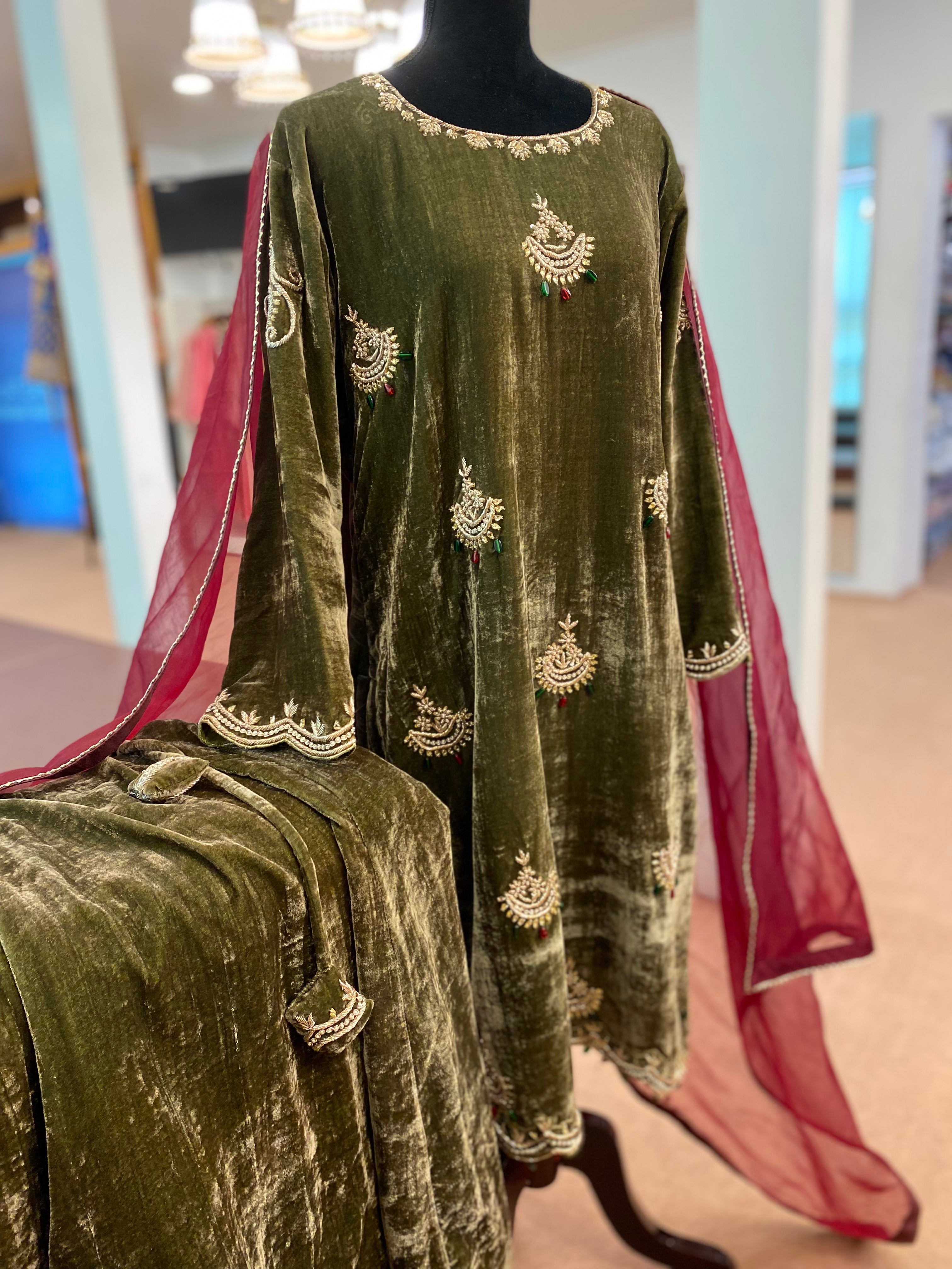 Hand embroidered olive and maroon suit 3pc stitched