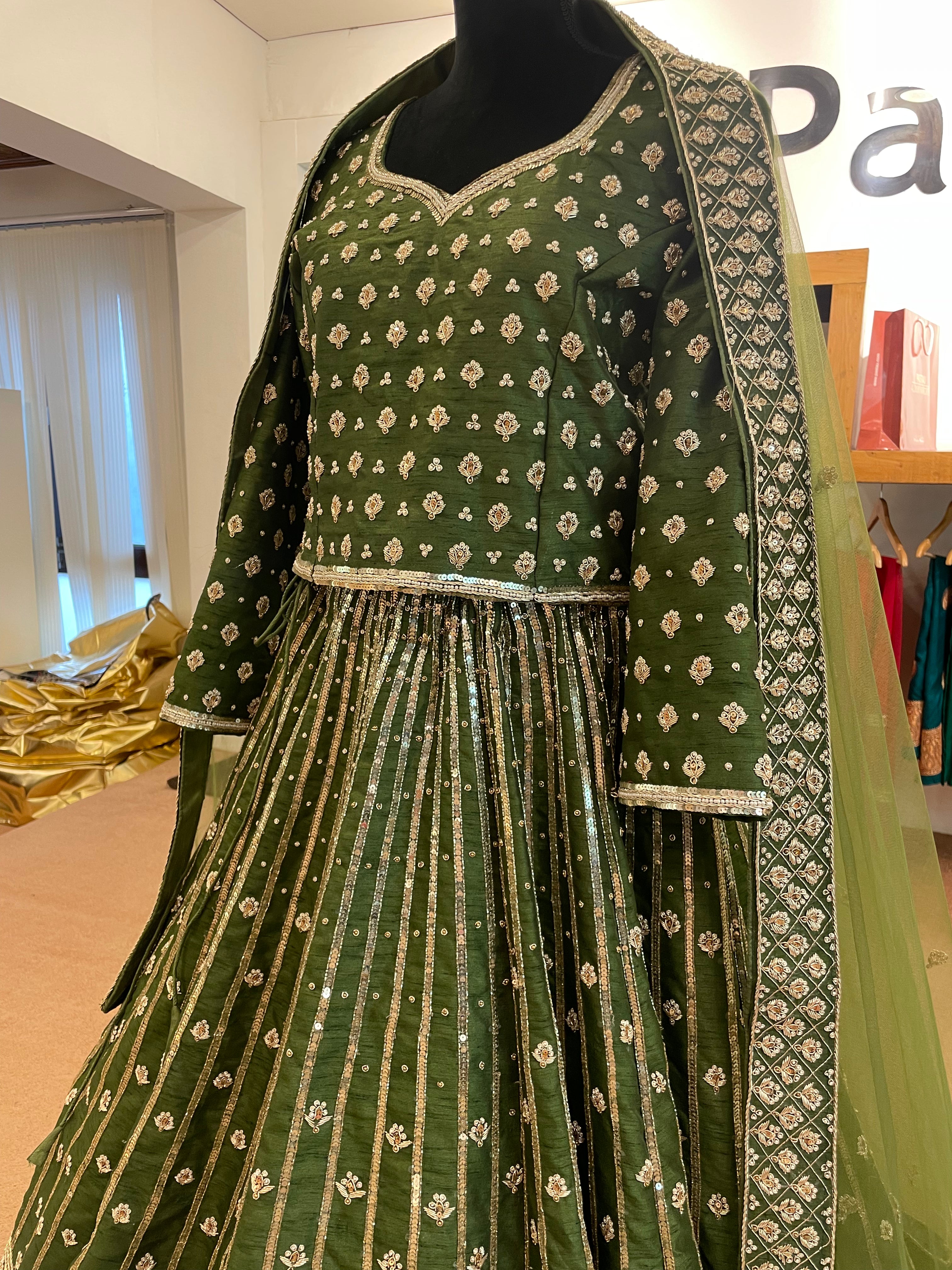 Handembroidered green lehanga