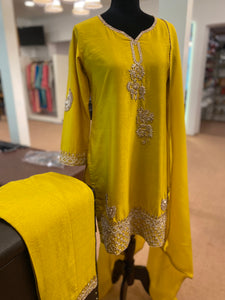 Hand embroidered Mustard dress 3pc stitched