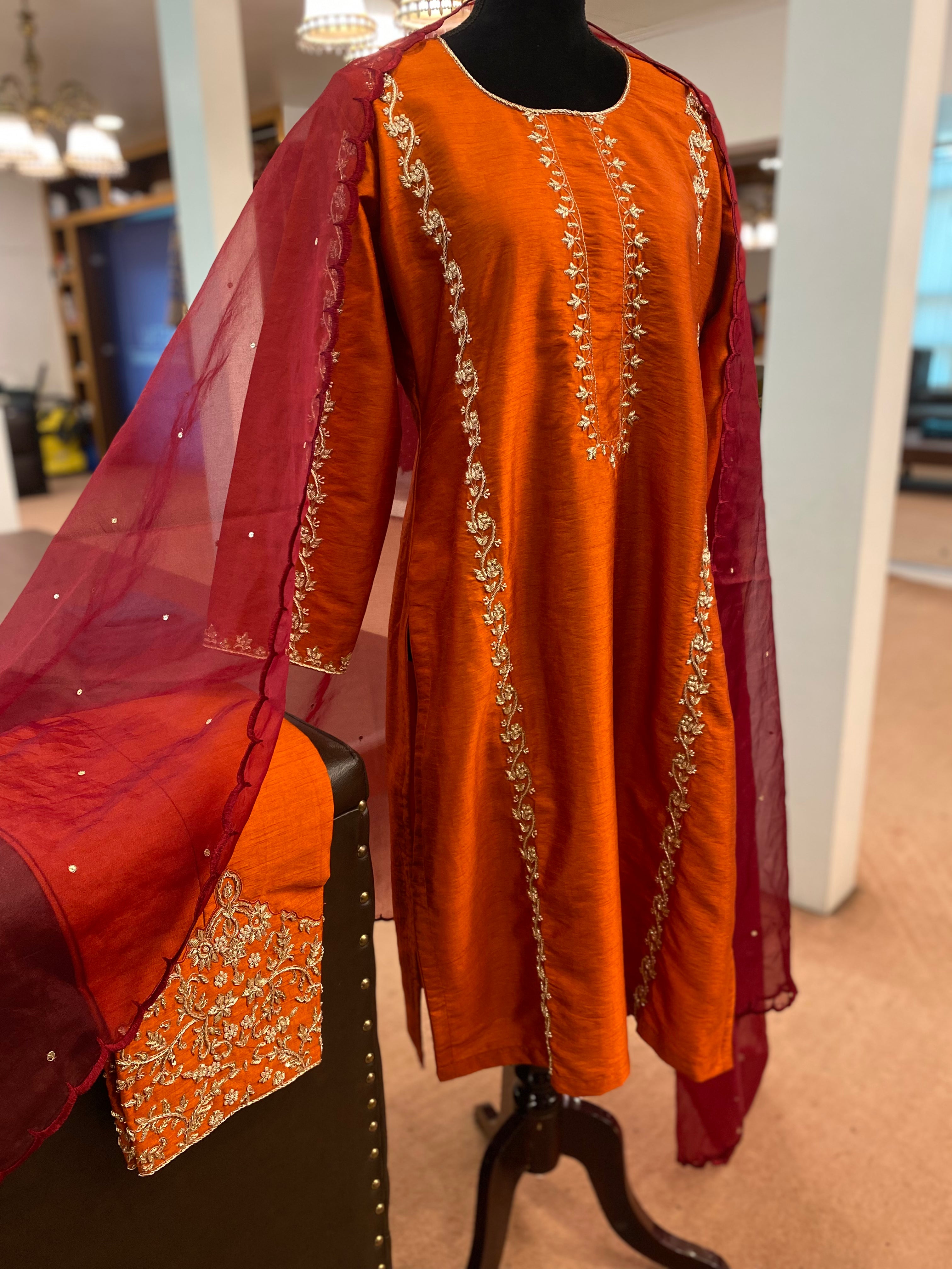 Hand embroidered rust and maroon suit 3pc stitched